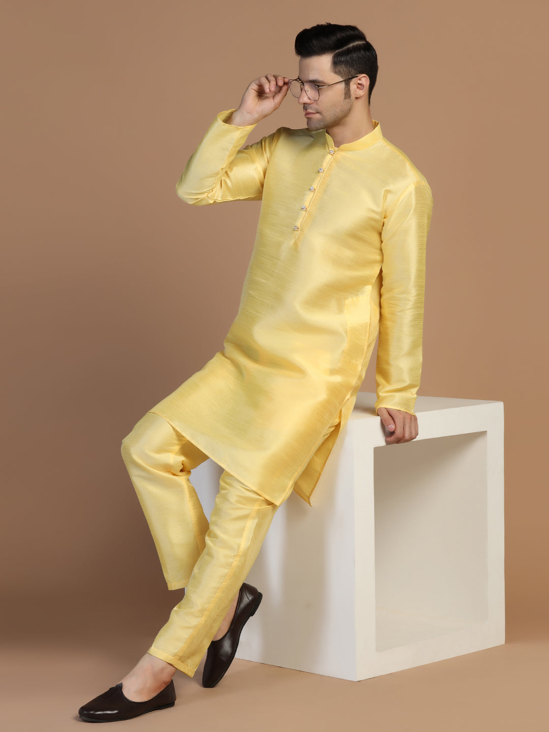 Yellow Dupion Plain Kurta Set - Tahvo India