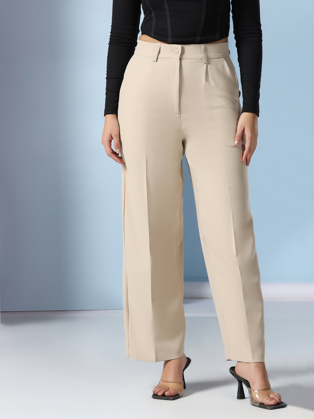 Women beige wide leg pleated trousers