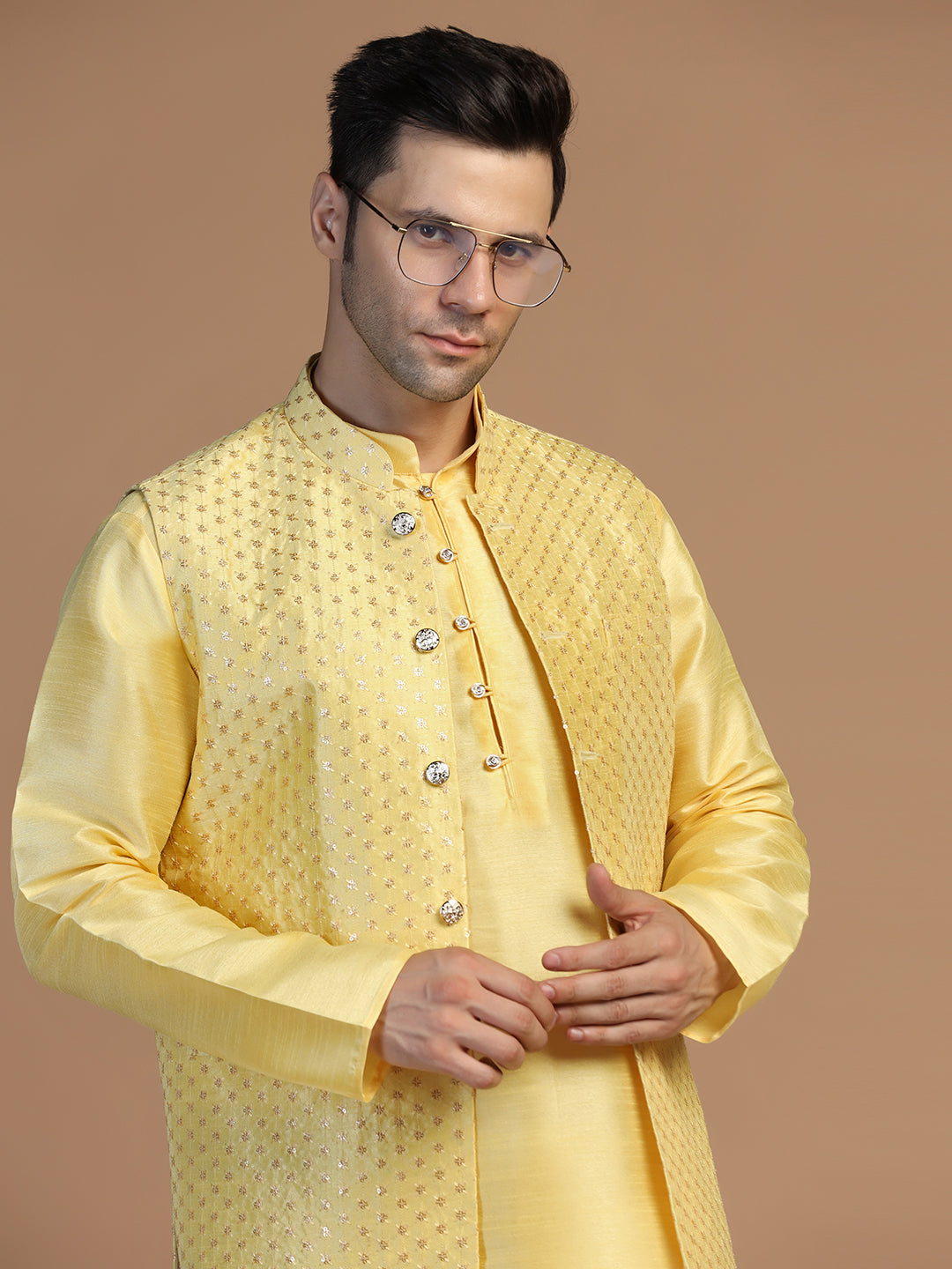 Yellow Kurta Set With Embroidered Jacket For Men - Tahvo India