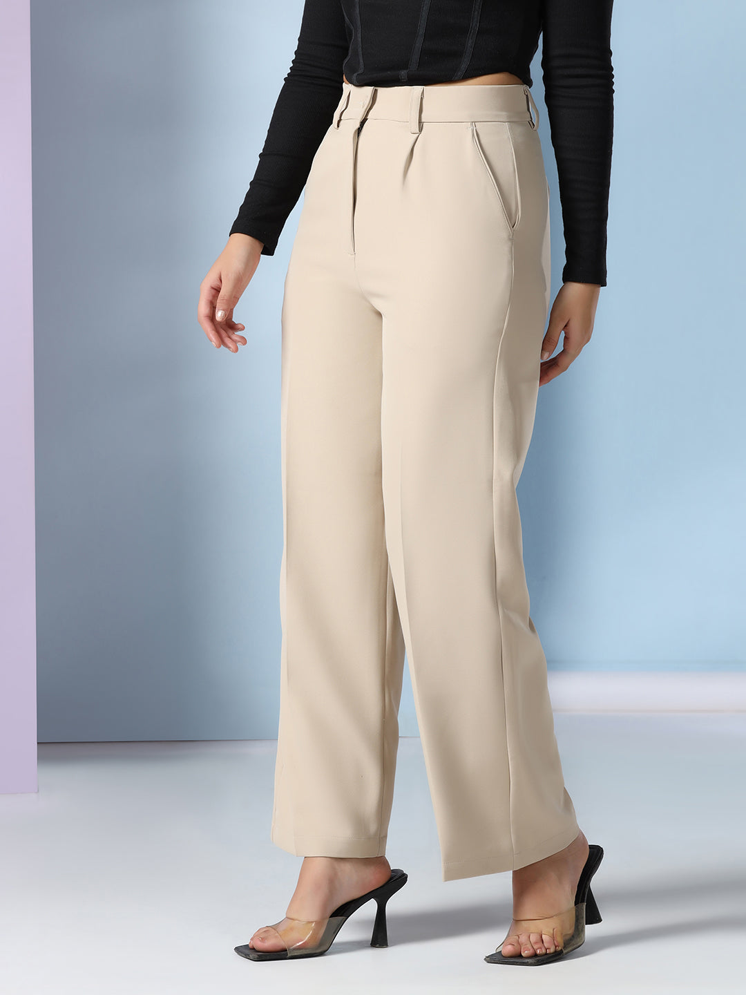 Women beige wide leg pleated trousers