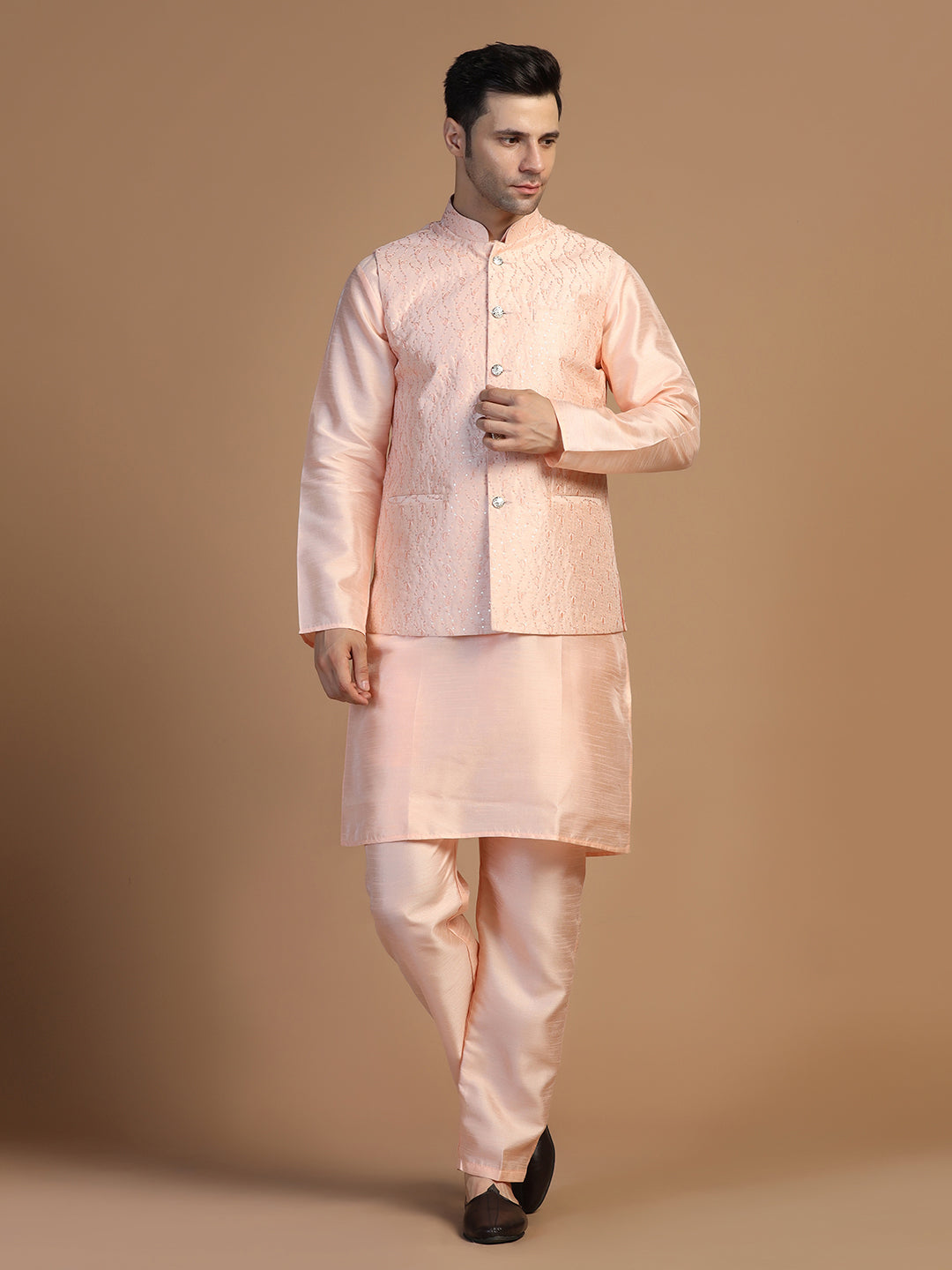 Peach Kurta Set With Embroidered Jacket For Men - Tahvo India