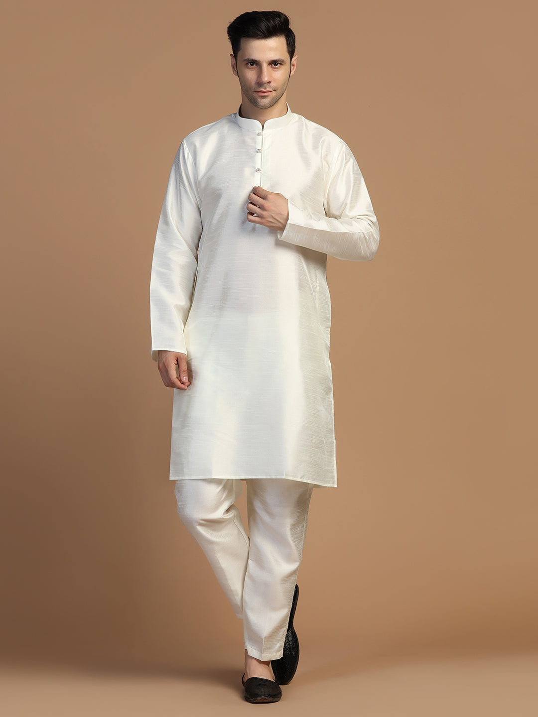 White Plain Dupion Kurta Set - Tahvo India