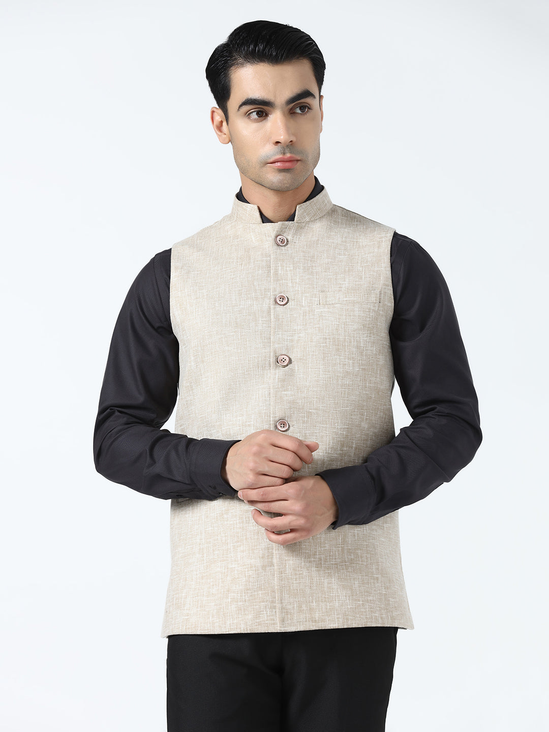 Men Beige Linen Nehru Jacket