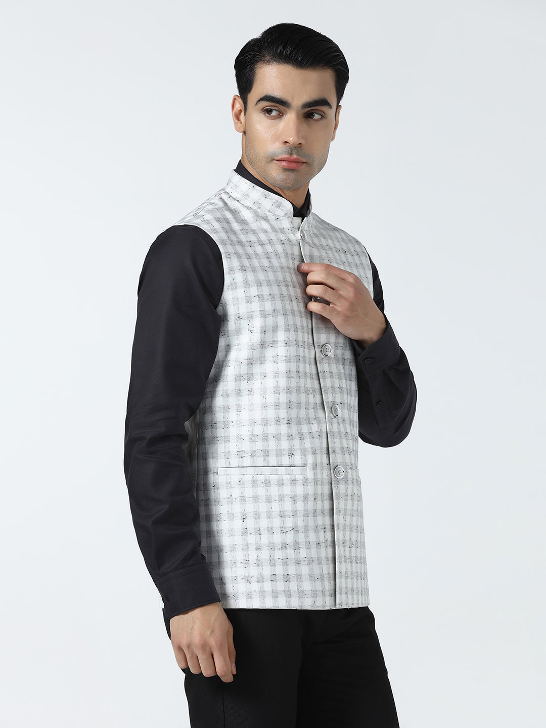 Men white checked nehru Jacket