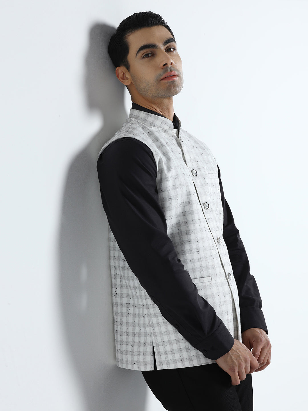 Men white checked nehru Jacket