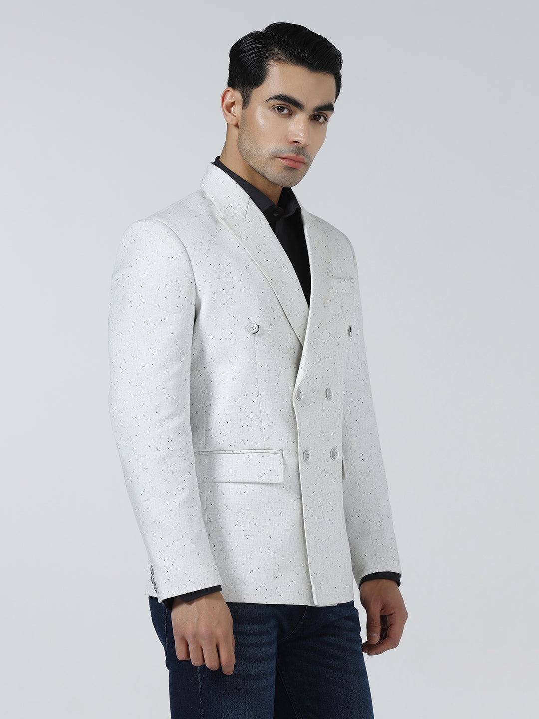 Men white self design double breasted blazer