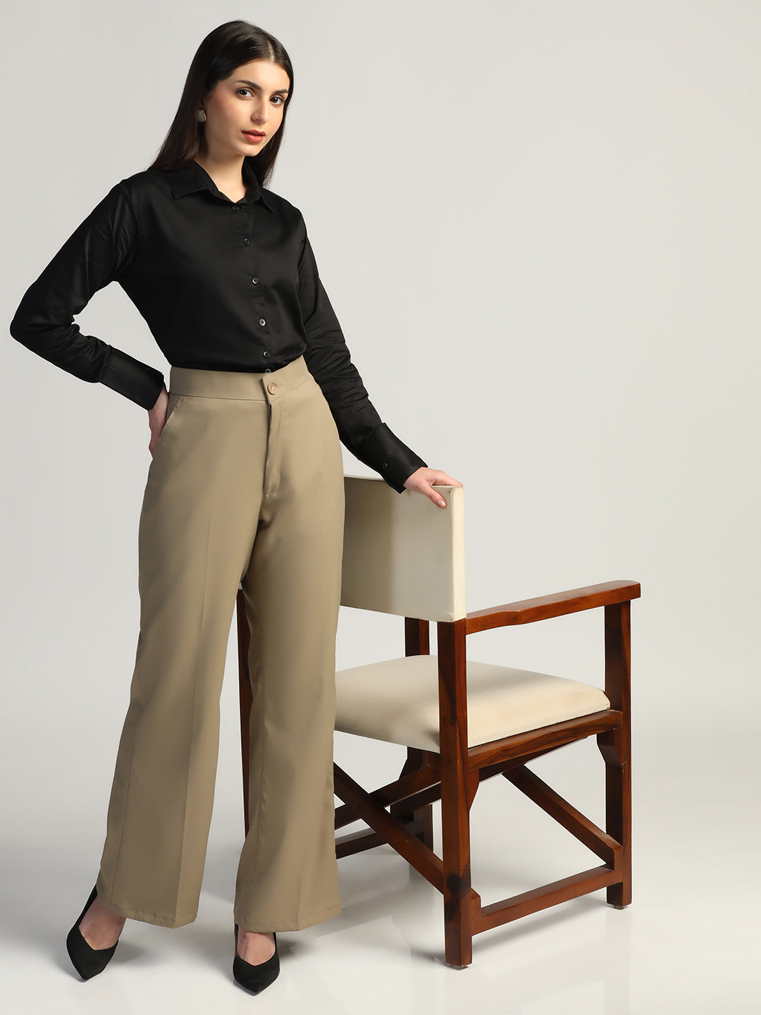 Women Beige High Waist Trouser