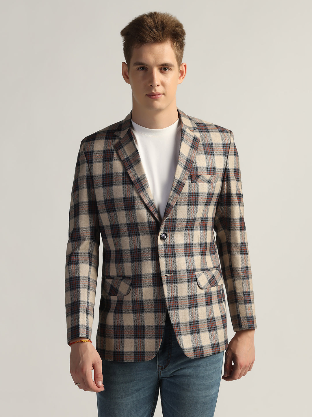 Mens Beige Checked Tweed Blazer