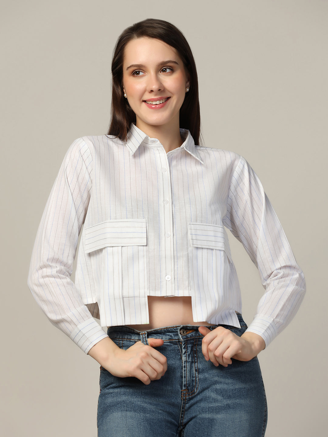 Women stripes crop shirt with long pockets - Tahvo India
