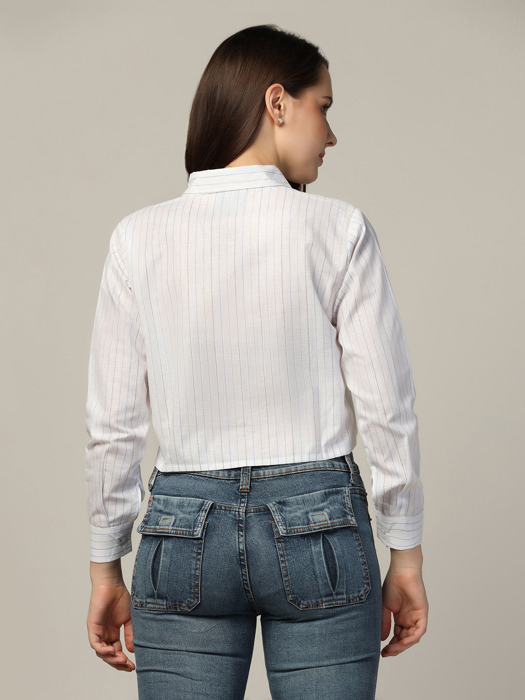 Women stripes crop shirt with long pockets - Tahvo India