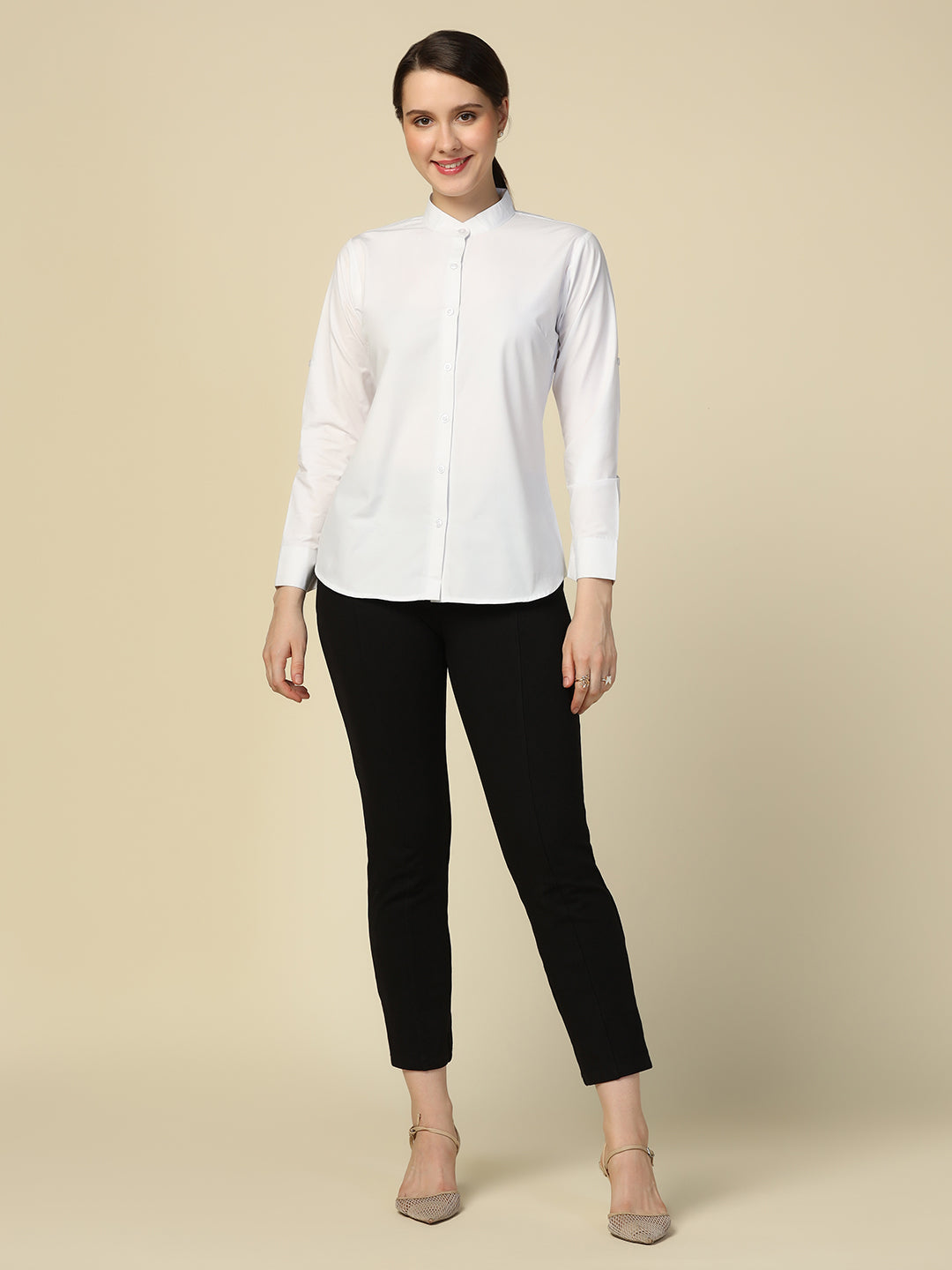 Women white solid mandarin collar shirt