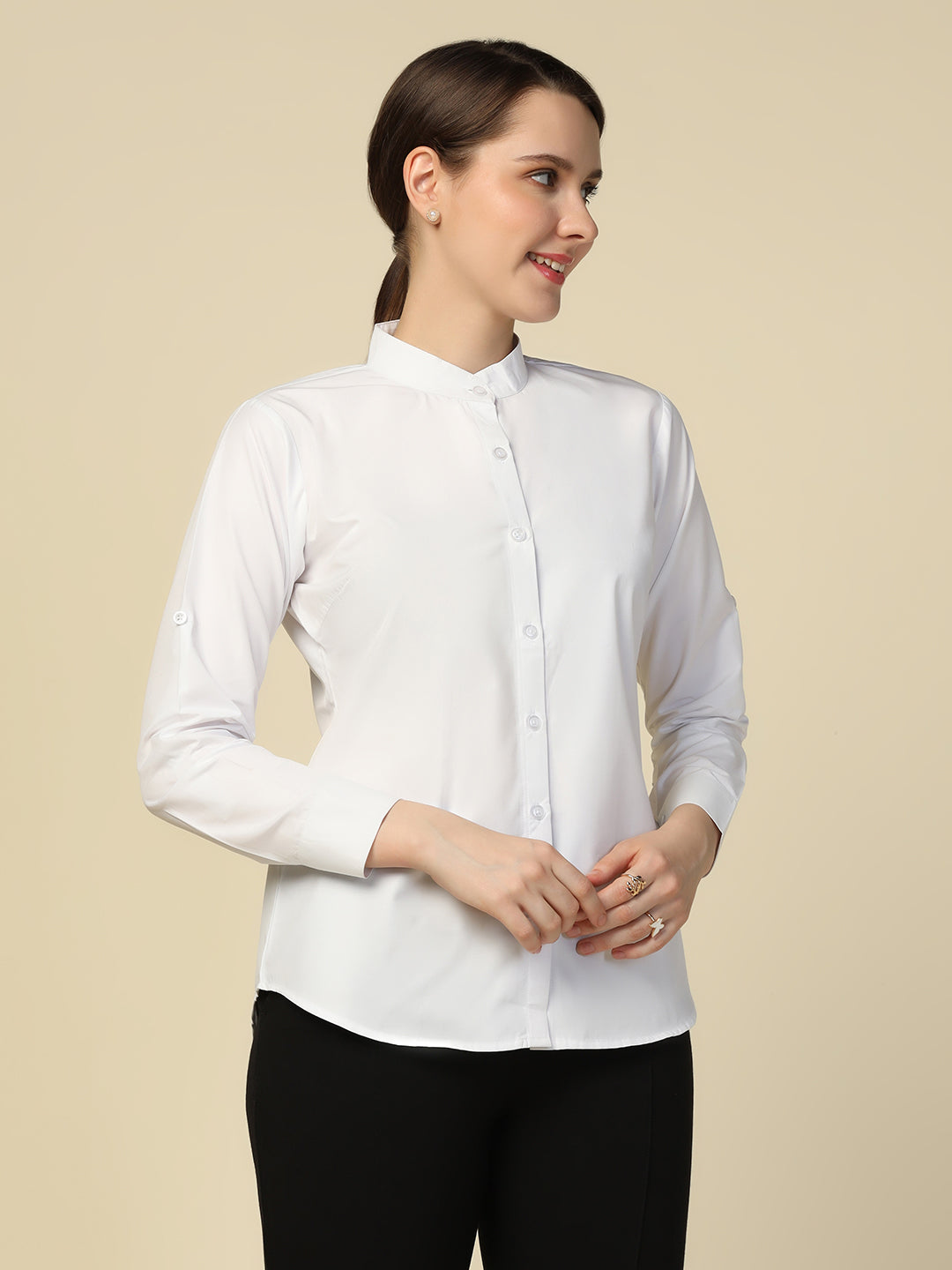Women white solid mandarin collar shirt - Tahvo India