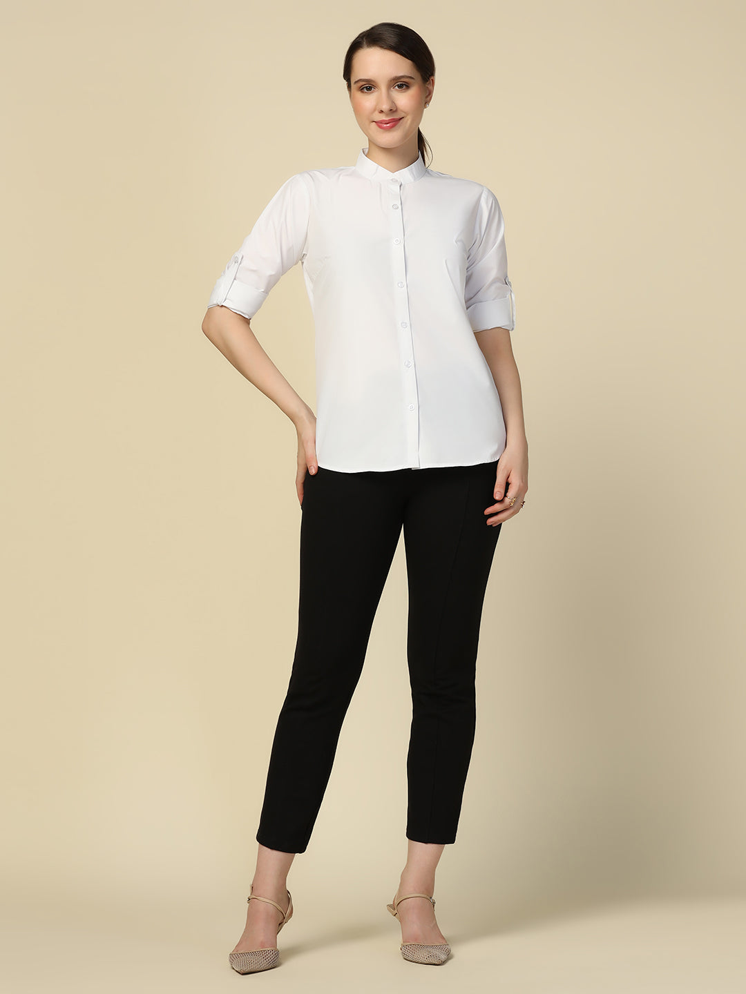 Women white solid mandarin collar shirt - Tahvo India