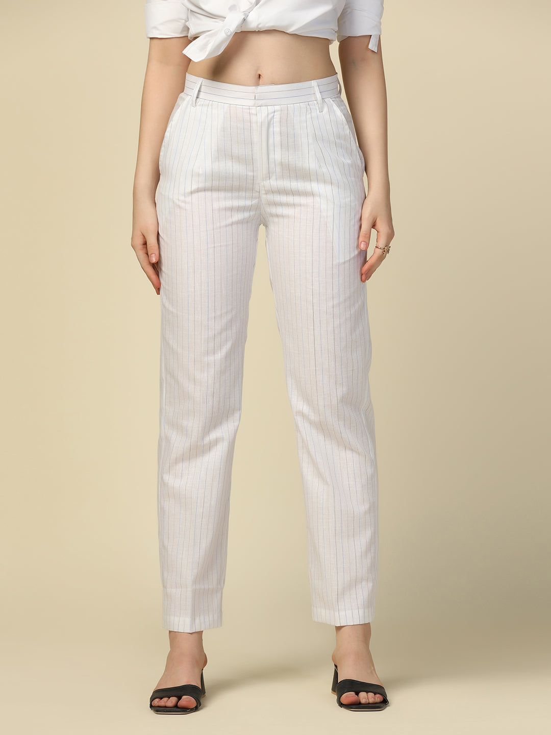 Women white stripes cotton trousers - Tahvo India