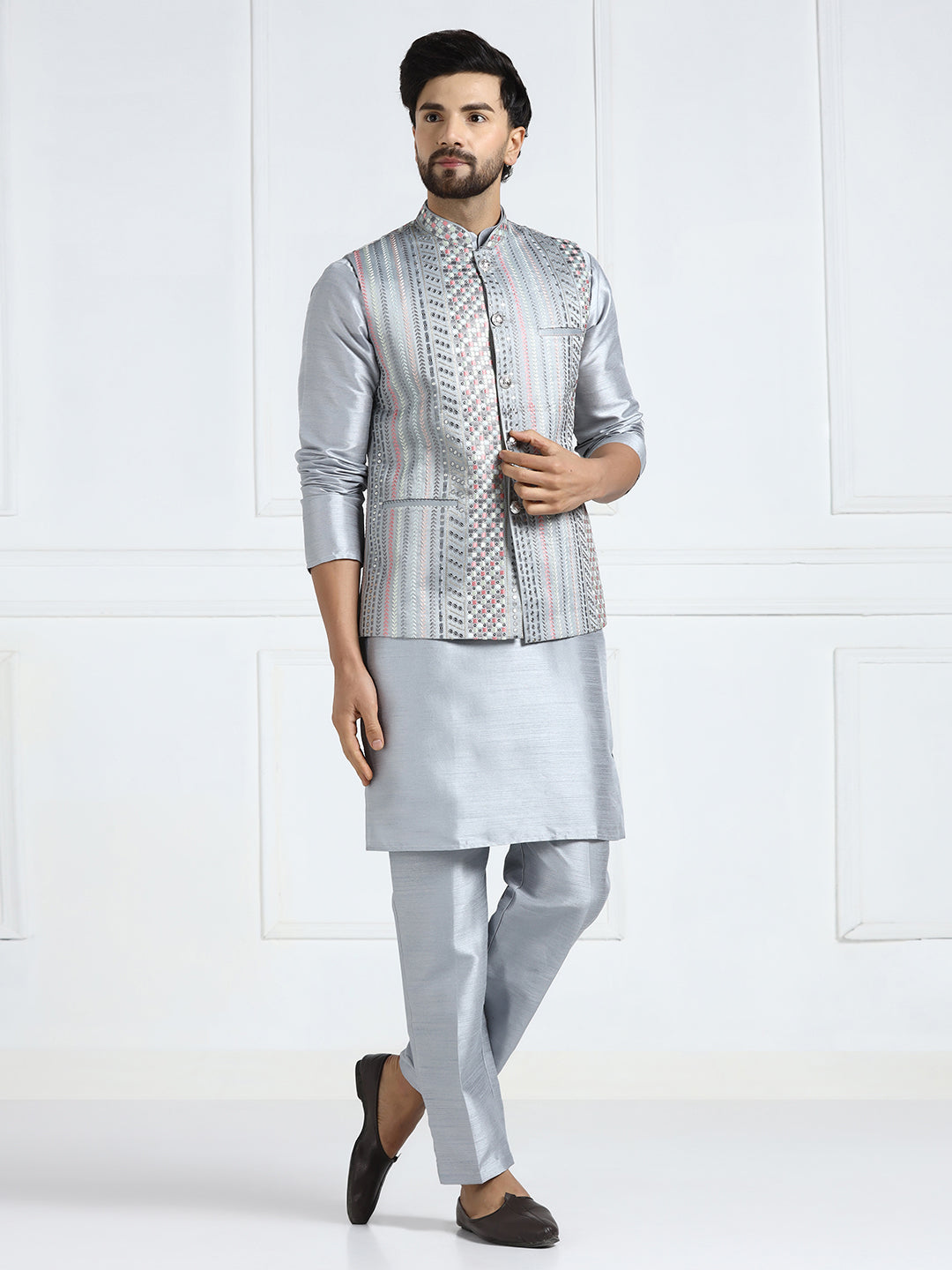 Grey embroidered Jacket with Kurta set