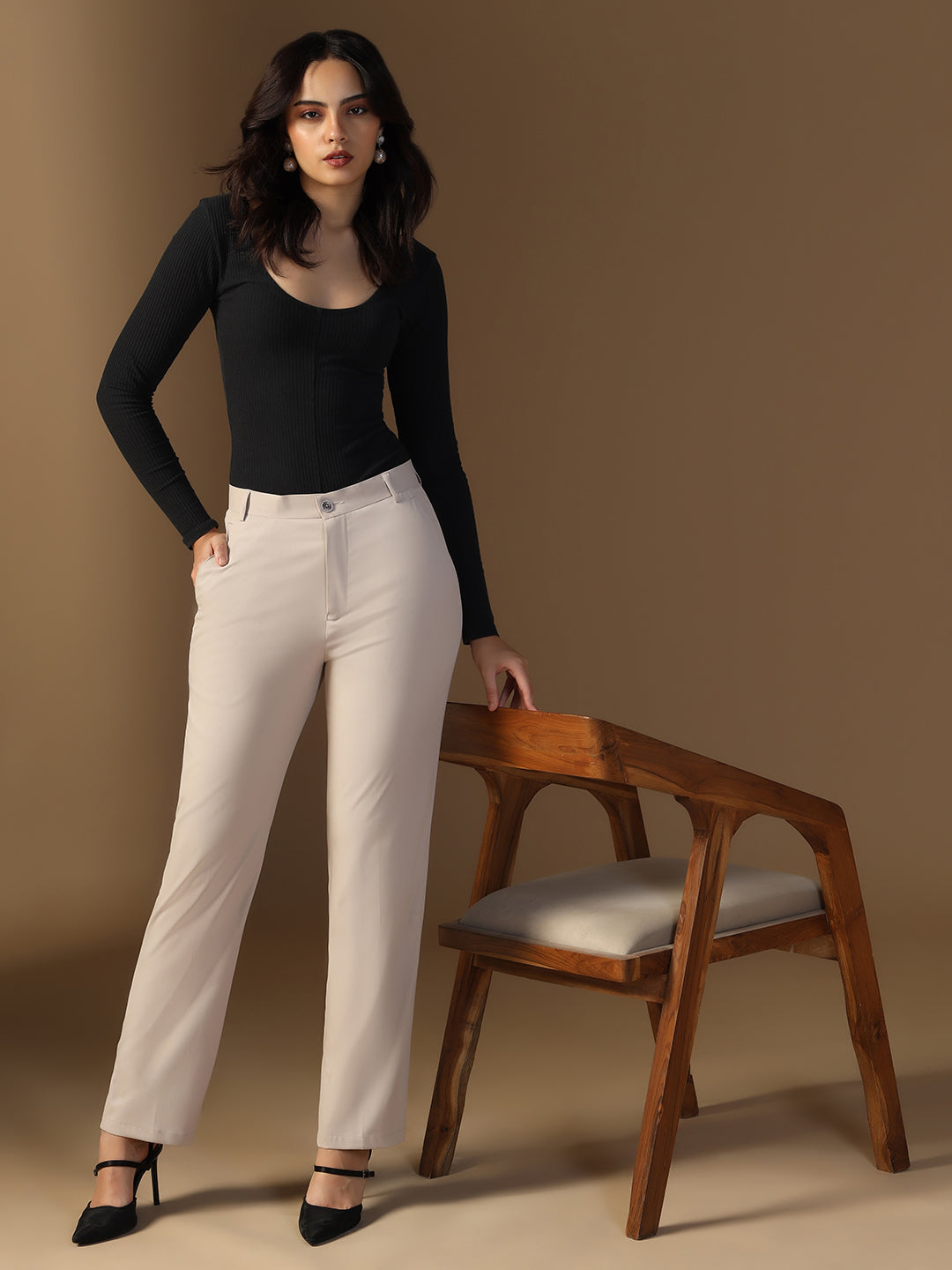 Women Beige Latte Elasticated Waistband Trouser