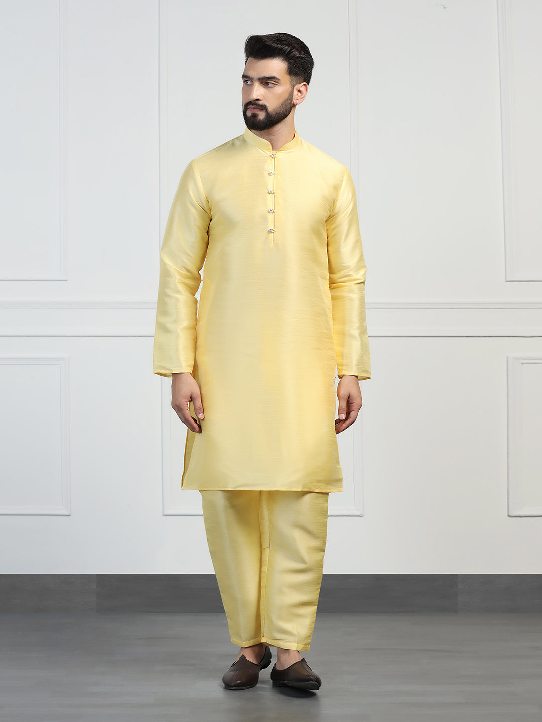 Men Yellow Embroidered Jacket With Kurta Pyjama