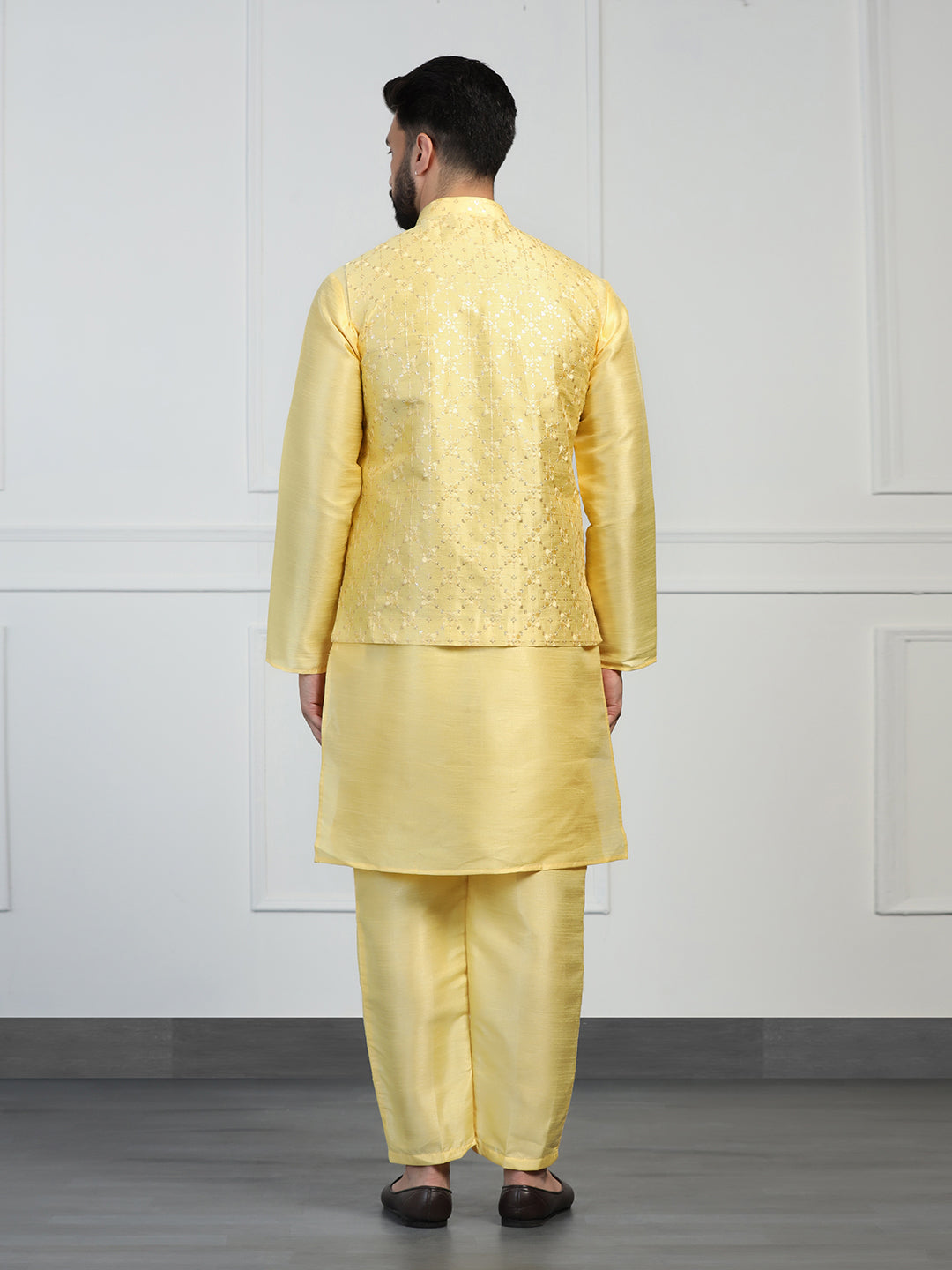 Men Yellow Embroidered Jacket With Kurta Pyjama