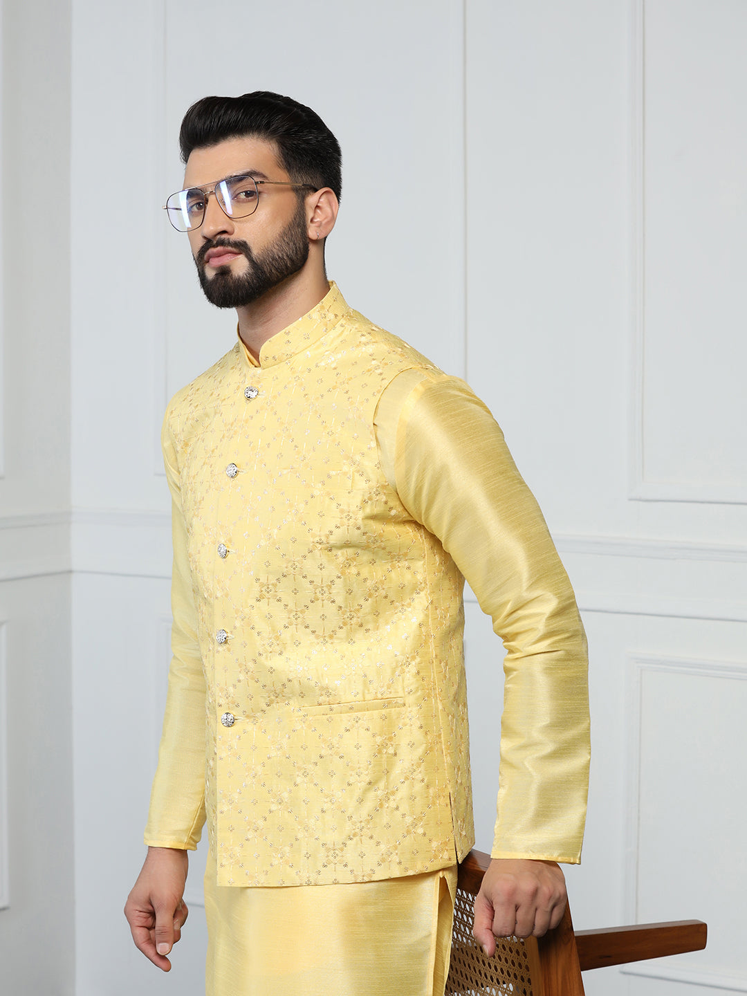 Men Yellow Embroidered Jacket With Kurta Pyjama