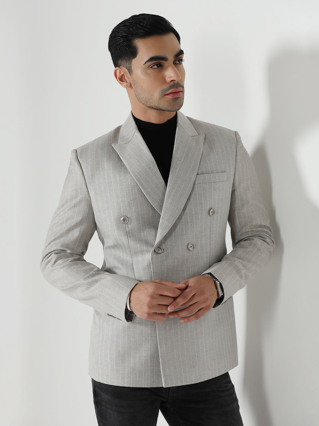 Men Grey Stripes Blazer