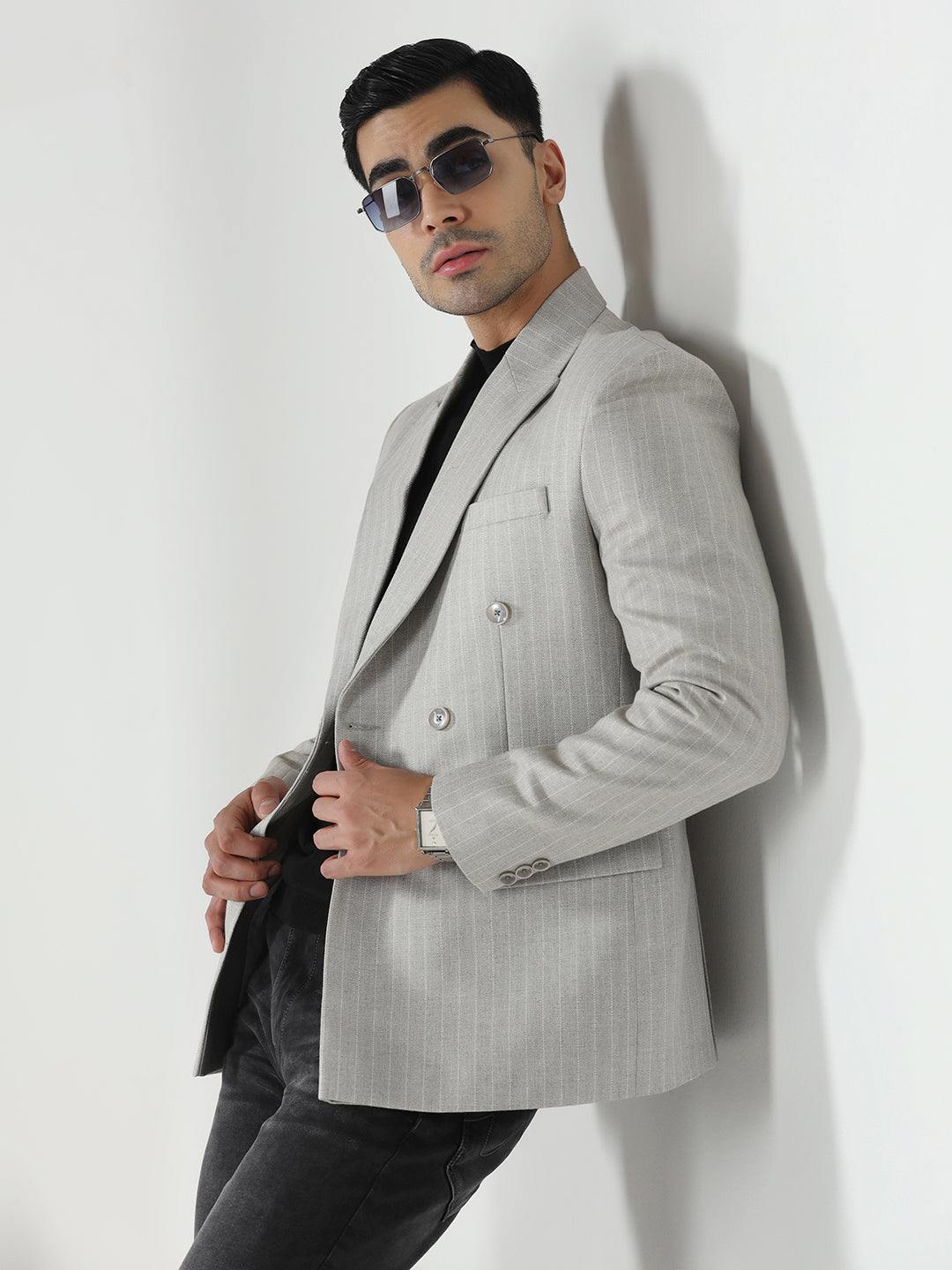 Men Grey Stripes Blazer