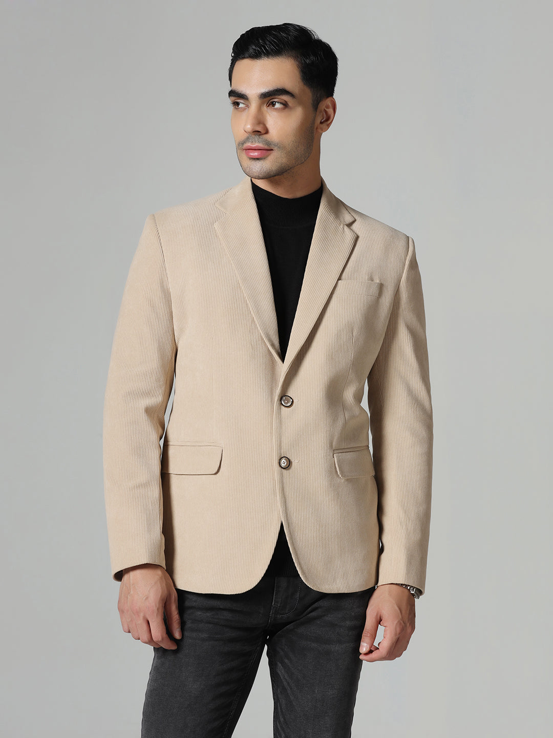 Men Beige Notched Lapel Corduroy Blazer
