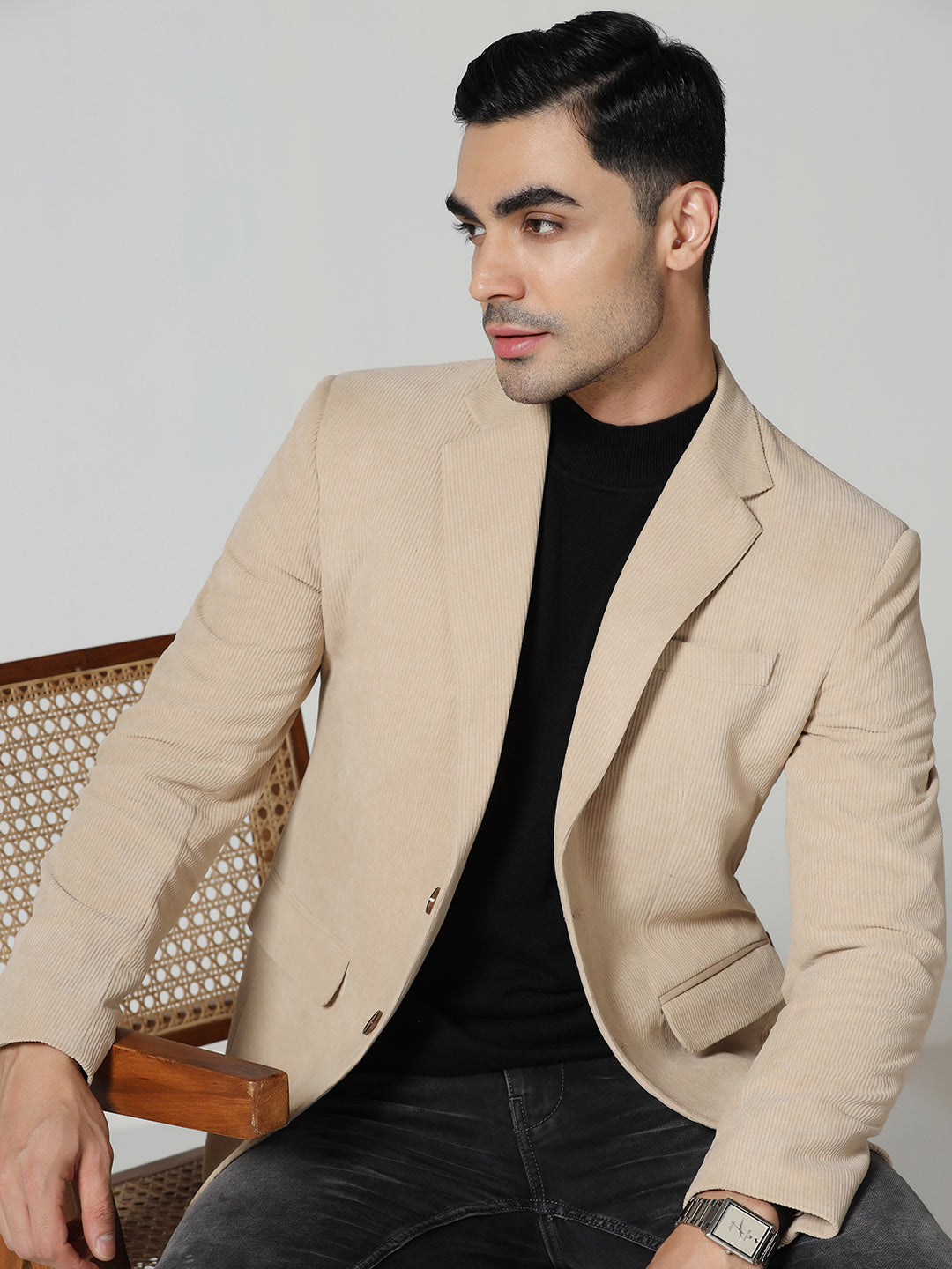 Men Beige Notched Lapel Corduroy Blazer