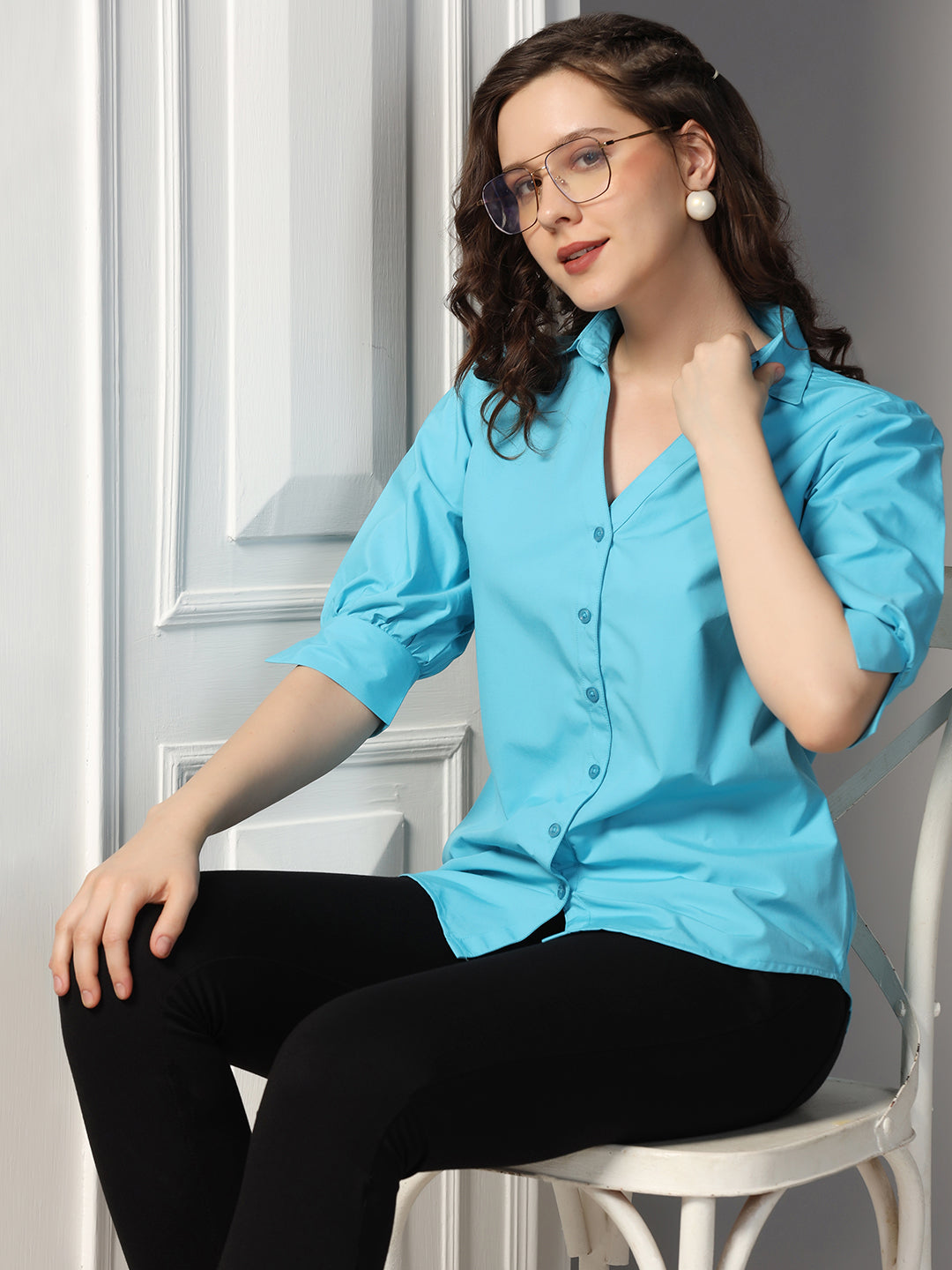 Women Blue three fourth sleeve cotton shirt - Tahvo India