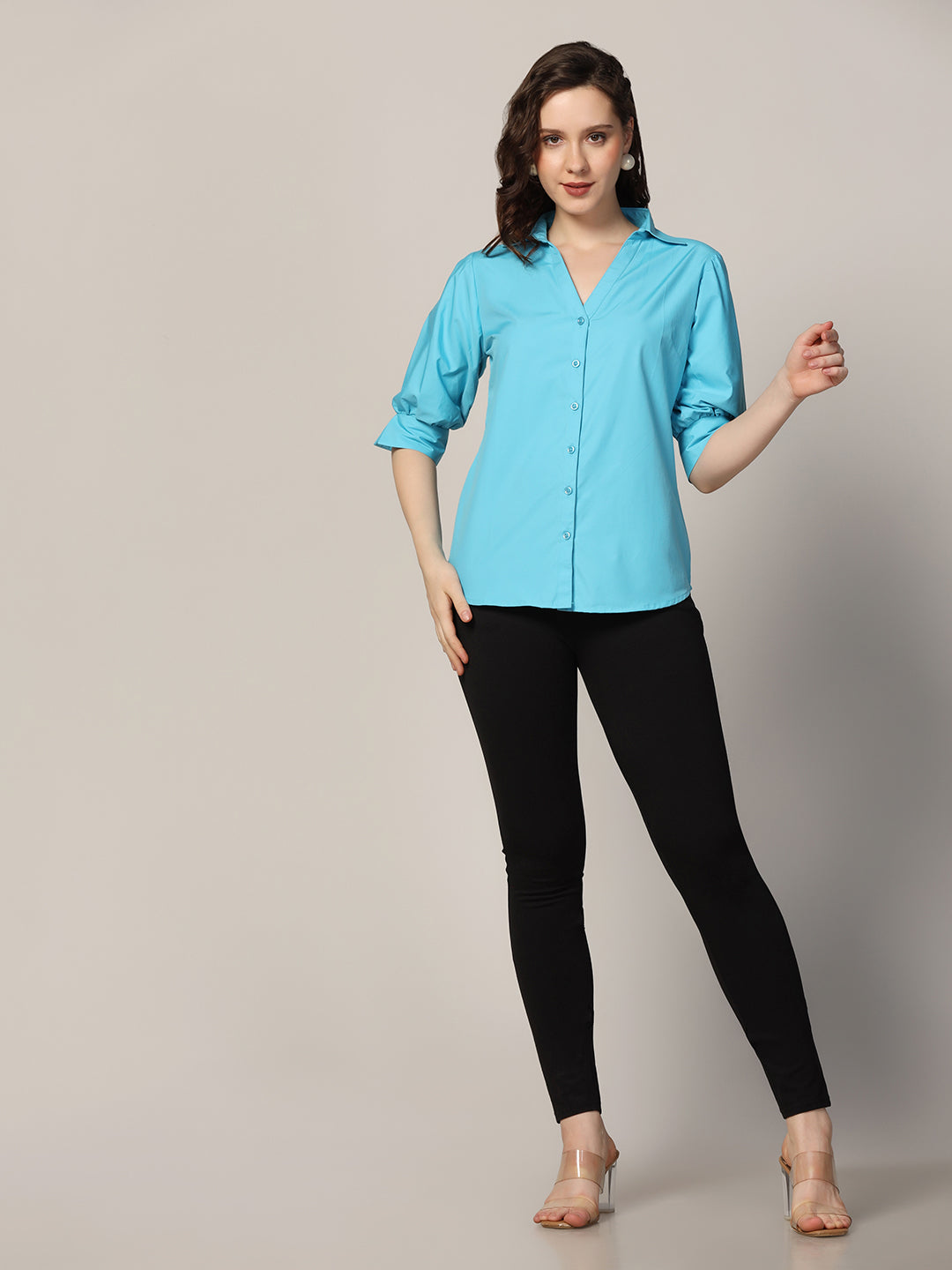 Women Blue three fourth sleeve cotton shirt - Tahvo India