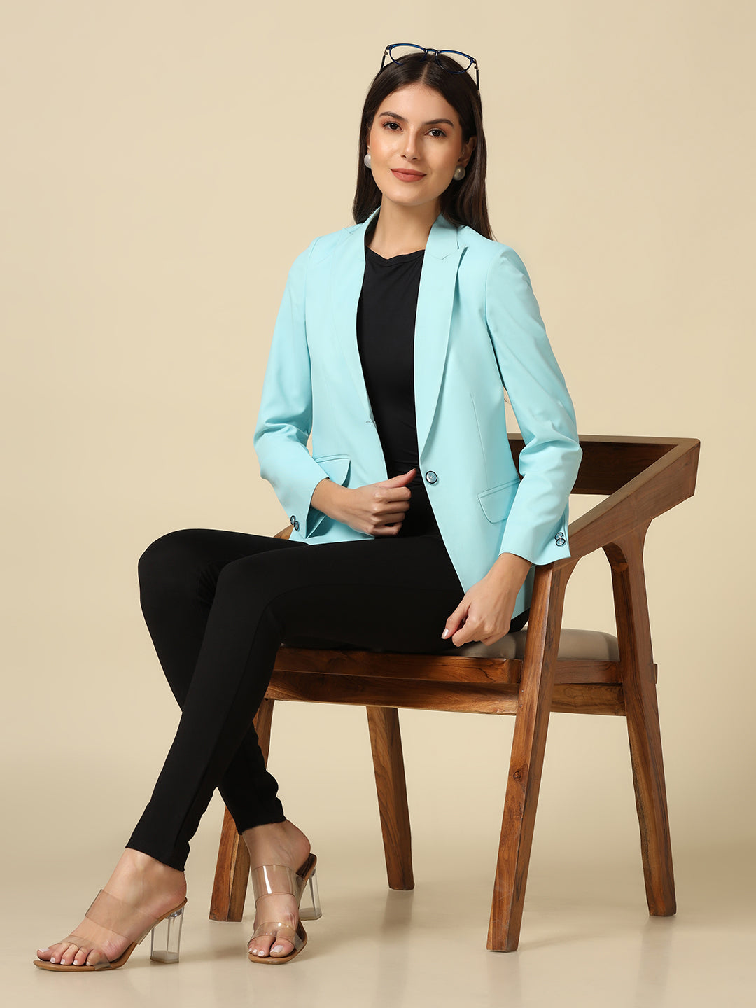 Women Sky Blue Single Breasted Blazer - Tahvo India