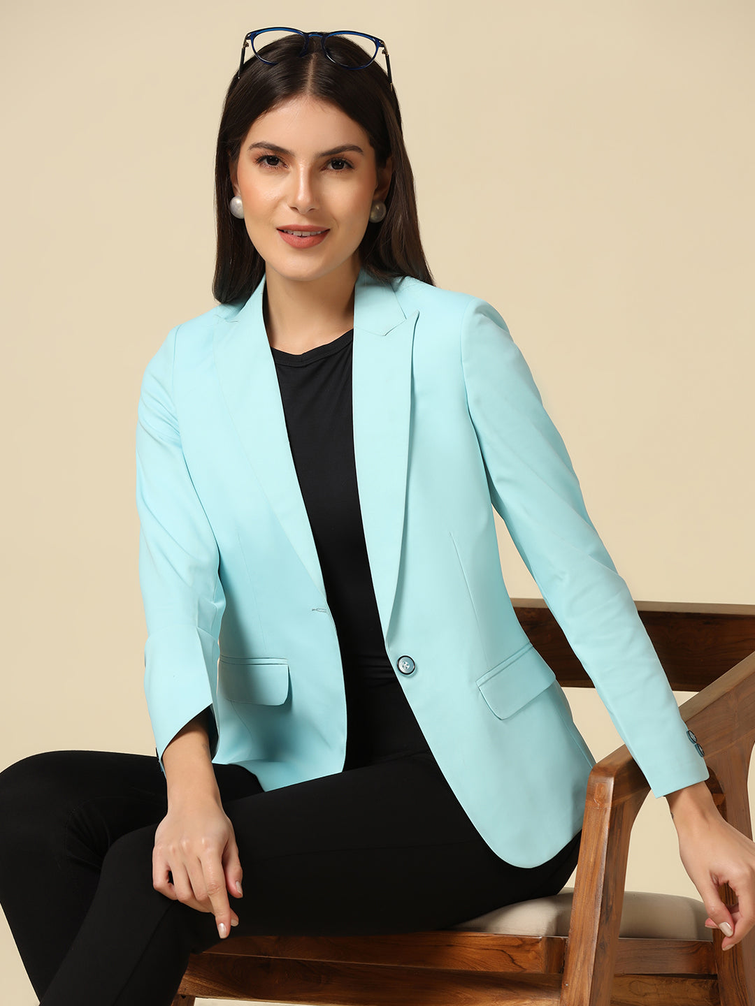 Women Sky Blue Single Breasted Blazer - Tahvo India