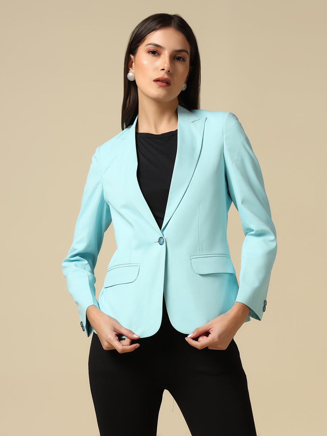 Women Sky Blue Single Breasted Blazer - Tahvo India