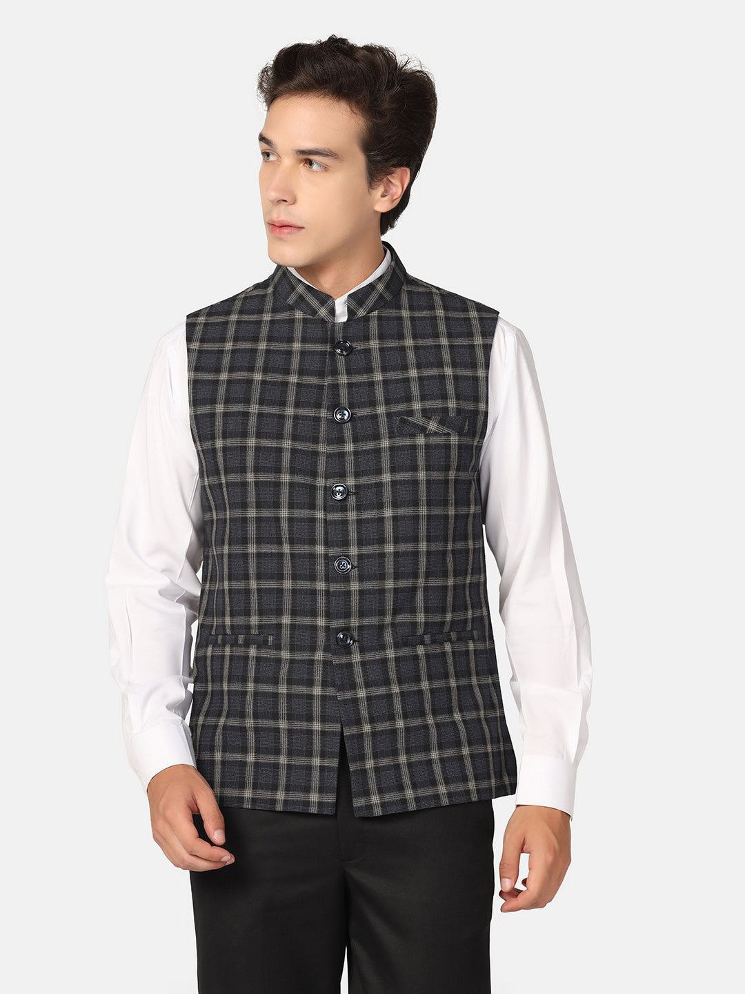 Men Black Check Nehru Jacket - Tahvo India