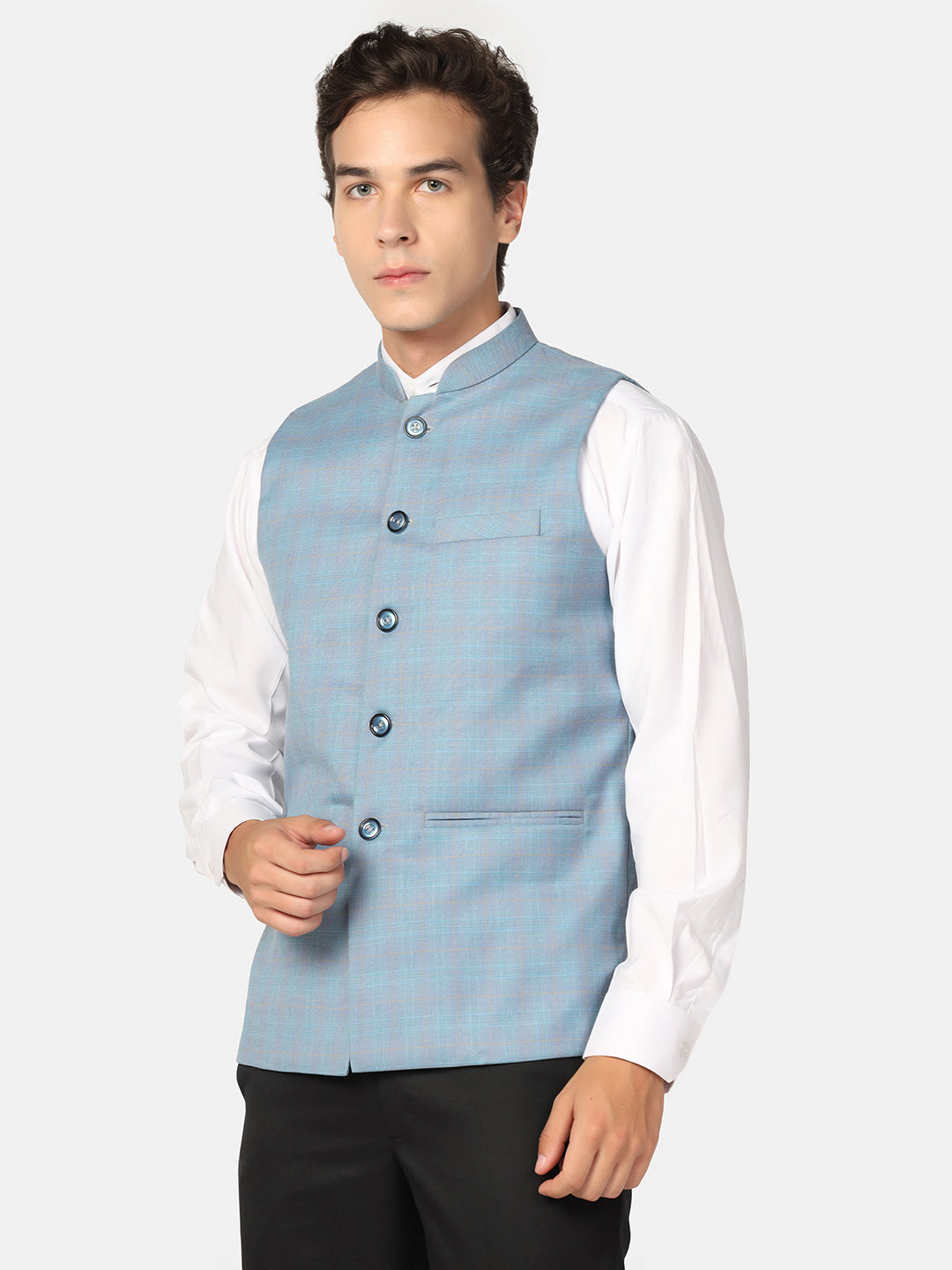 Men Blue Checks Nehru Jacket - Tahvo India