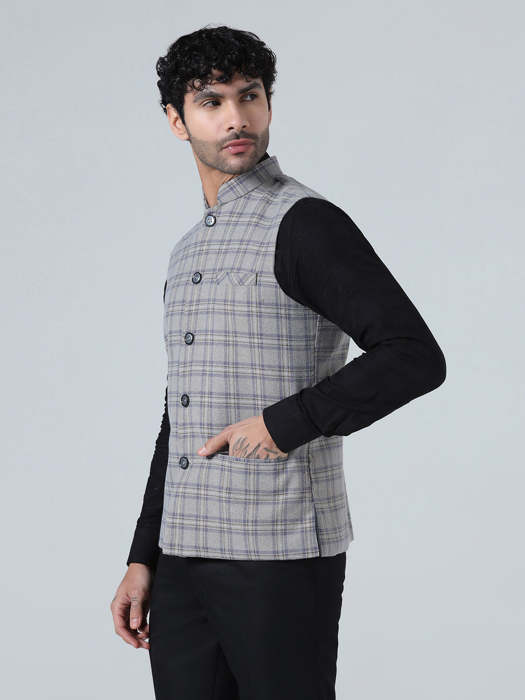 Grey Tweed Check Mens Nehru Jacket