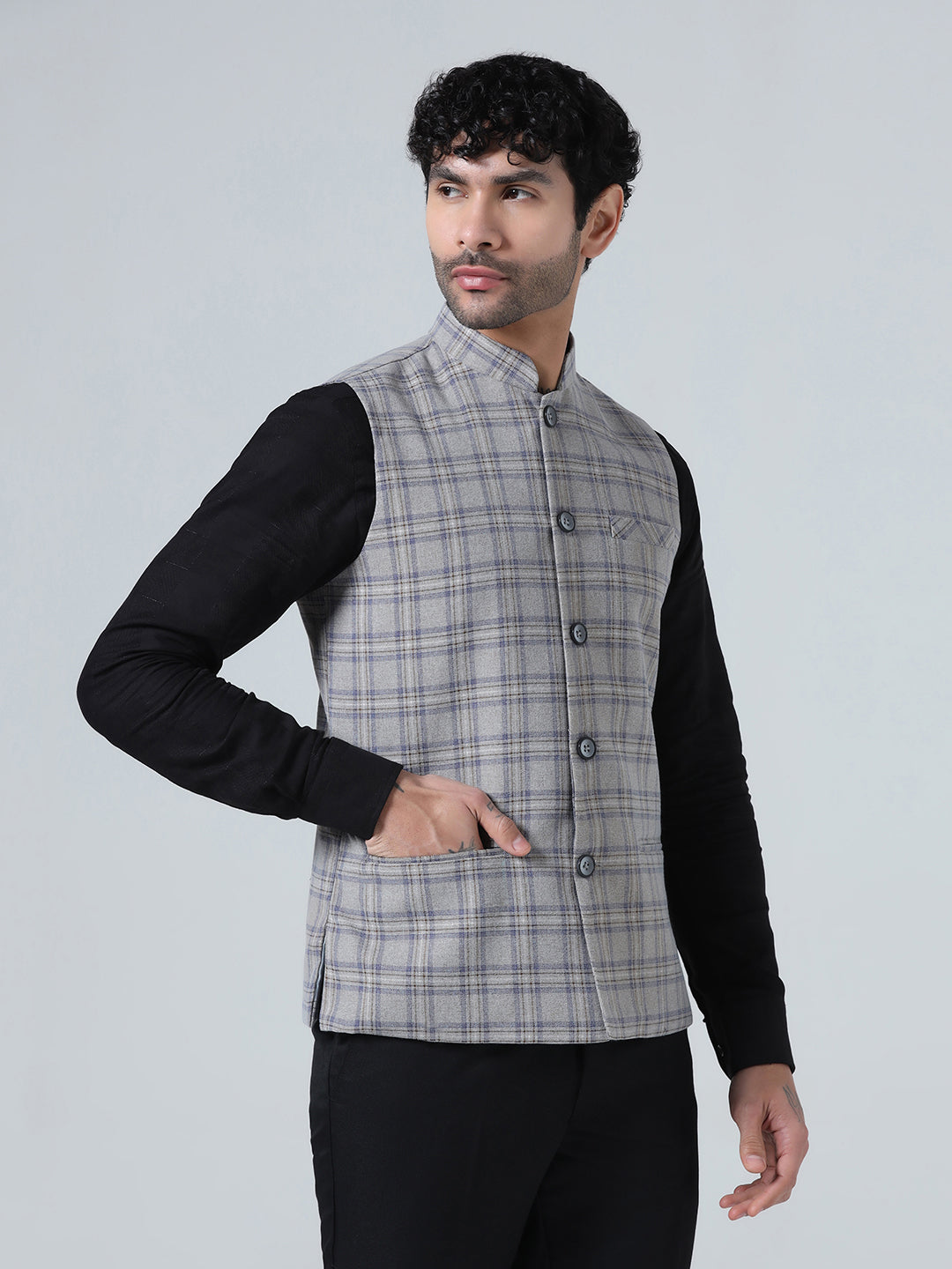 Grey Tweed Check Mens Nehru Jacket
