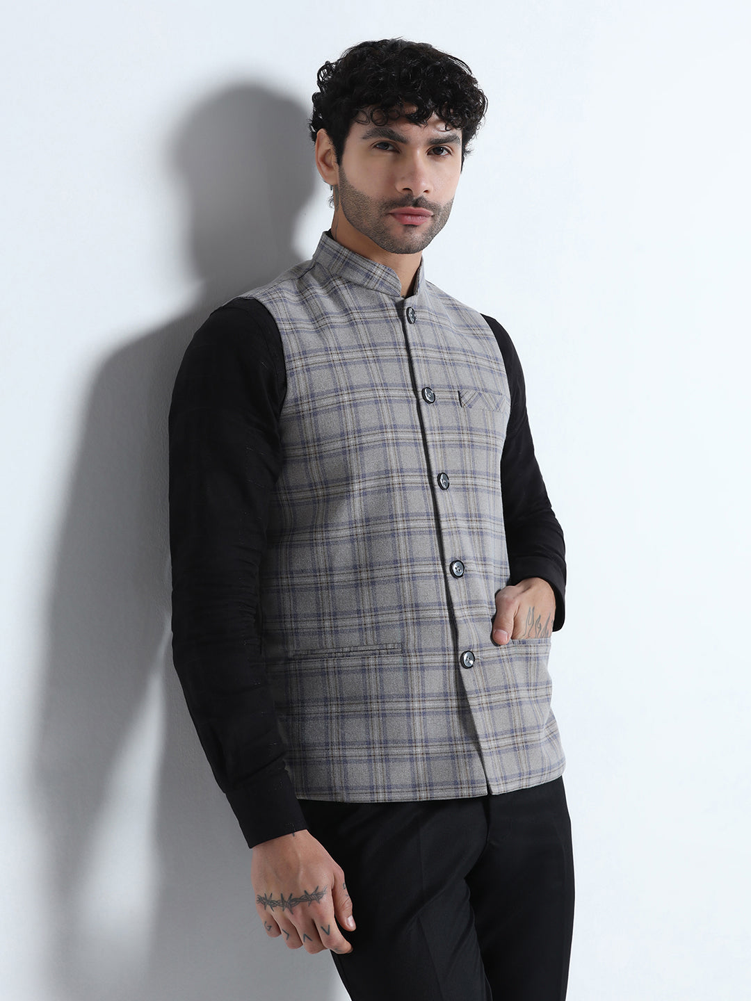 Grey Tweed Check Mens Nehru Jacket