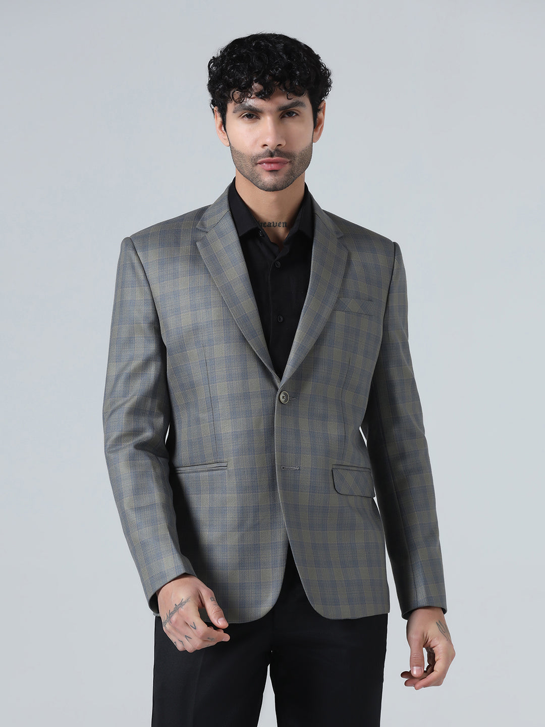 Men Grey Blue Check Blazer