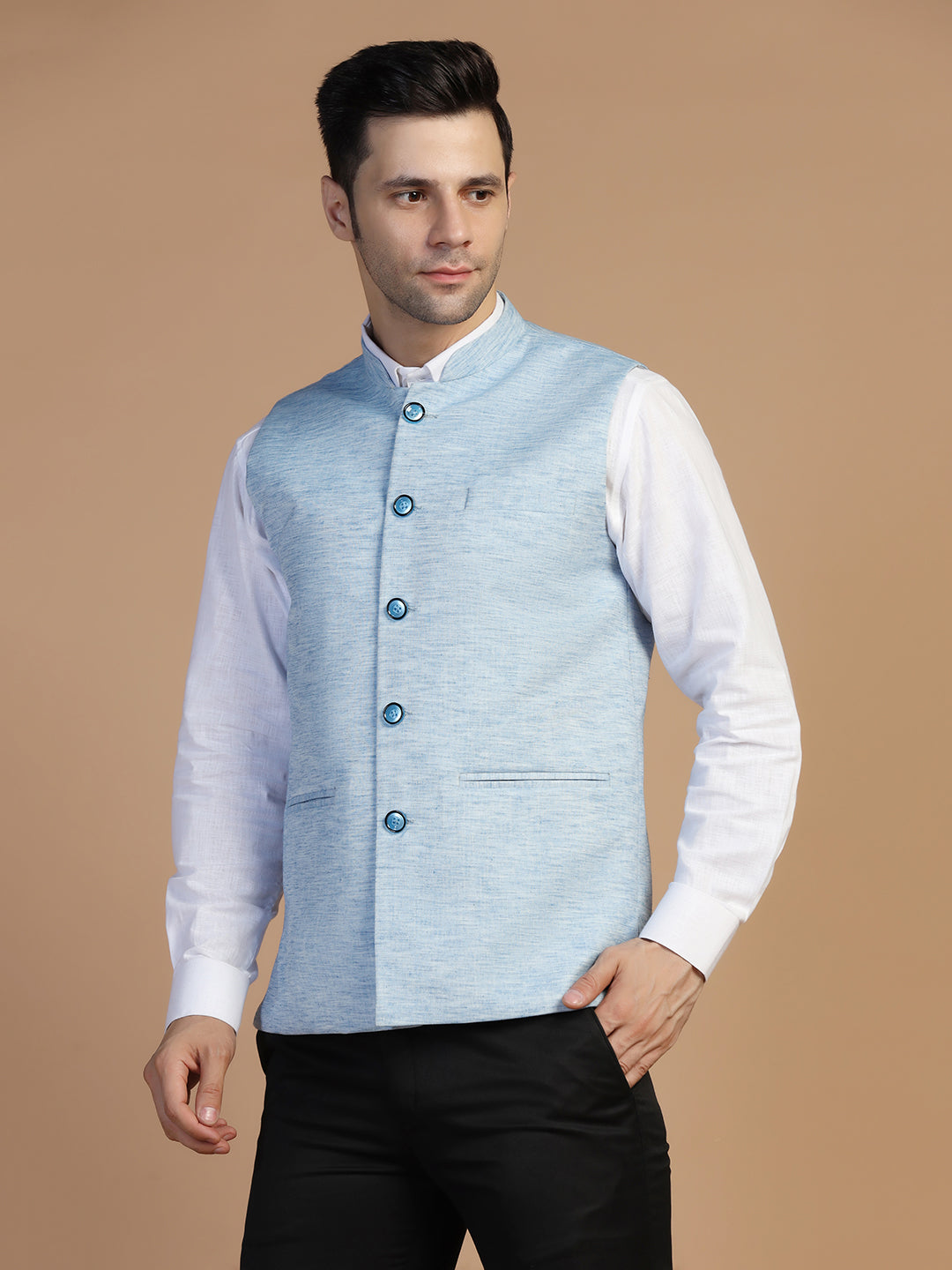 Men Blue Linen Modi Jacket - Tahvo India