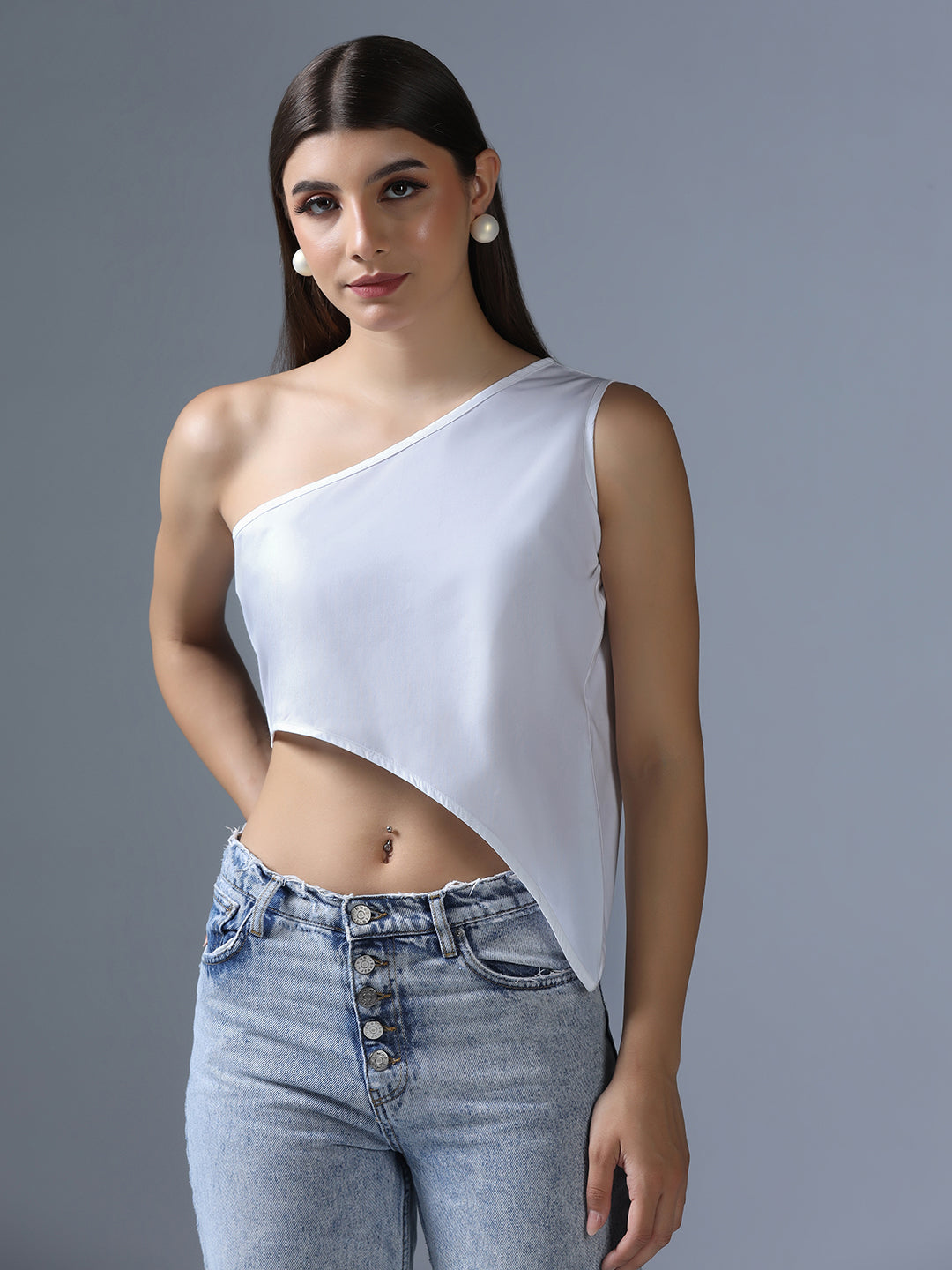 Women white one shoulder assymetrical top - Tahvo India