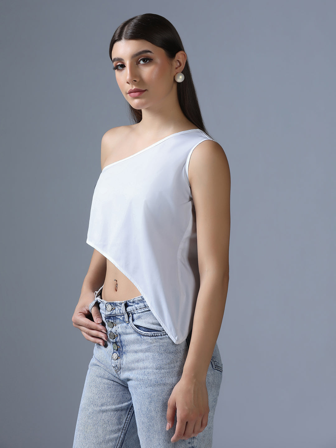 Women white one shoulder assymetrical top - Tahvo India