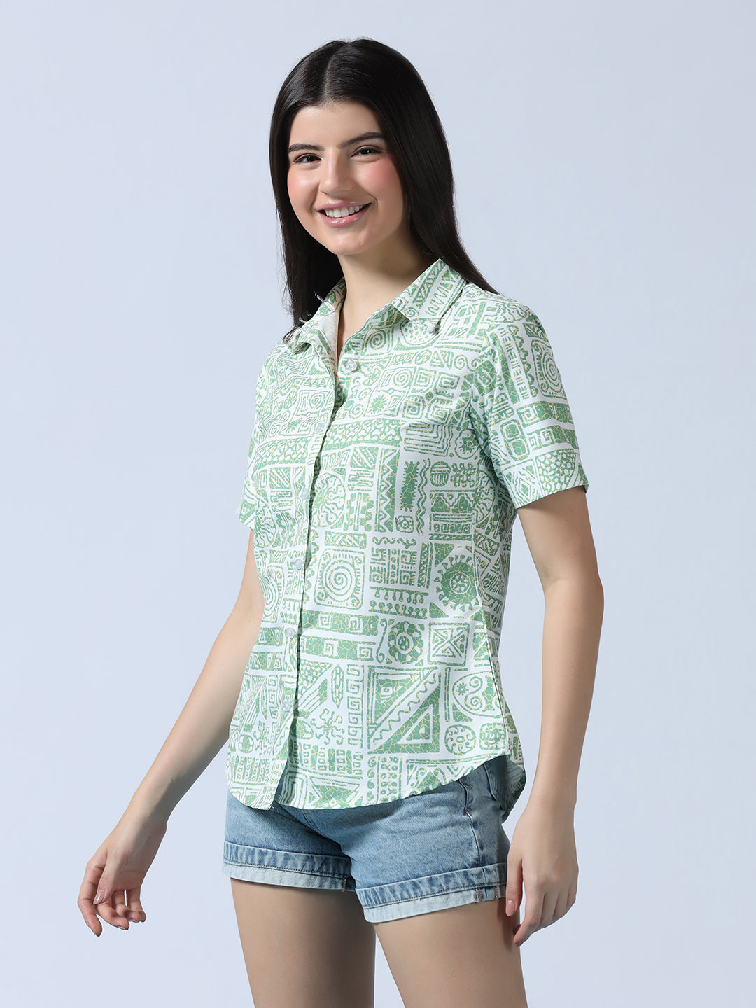 Women Light Green Printed Shirt - Tahvo India