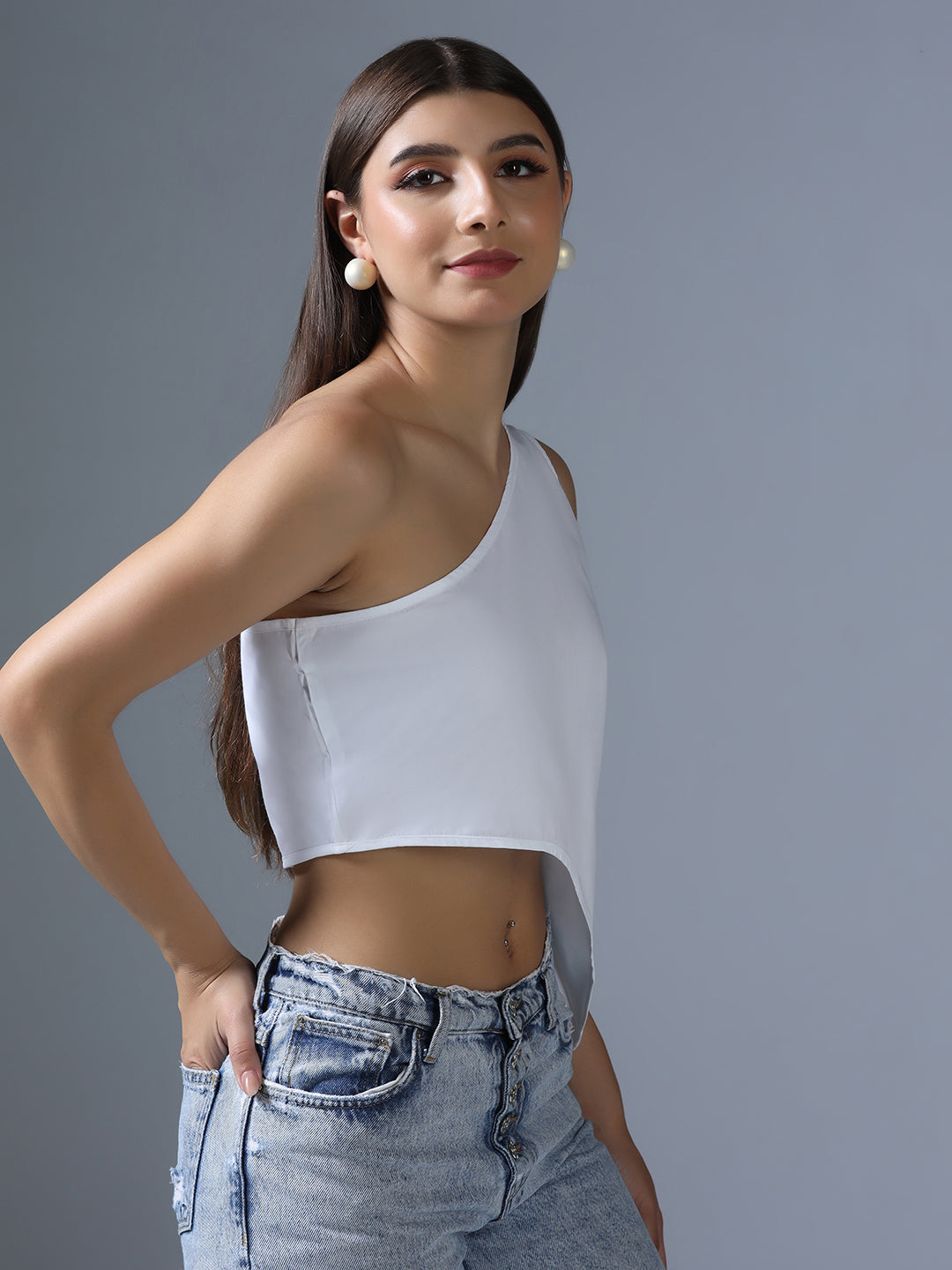 Women white one shoulder assymetrical top - Tahvo India