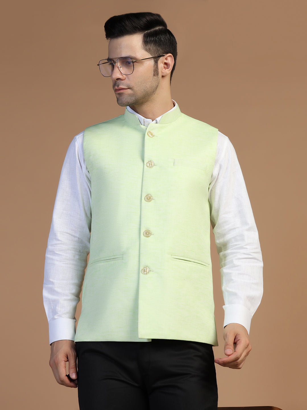 Men Green Linen Nehru Jacket - Tahvo India