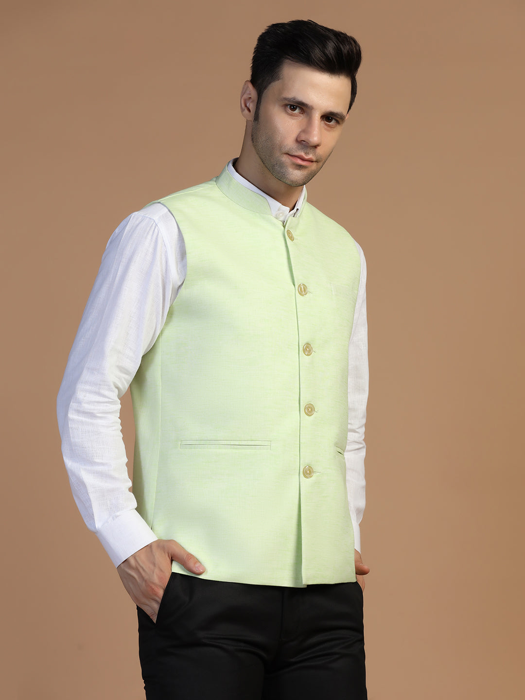 Men Green Linen Nehru Jacket