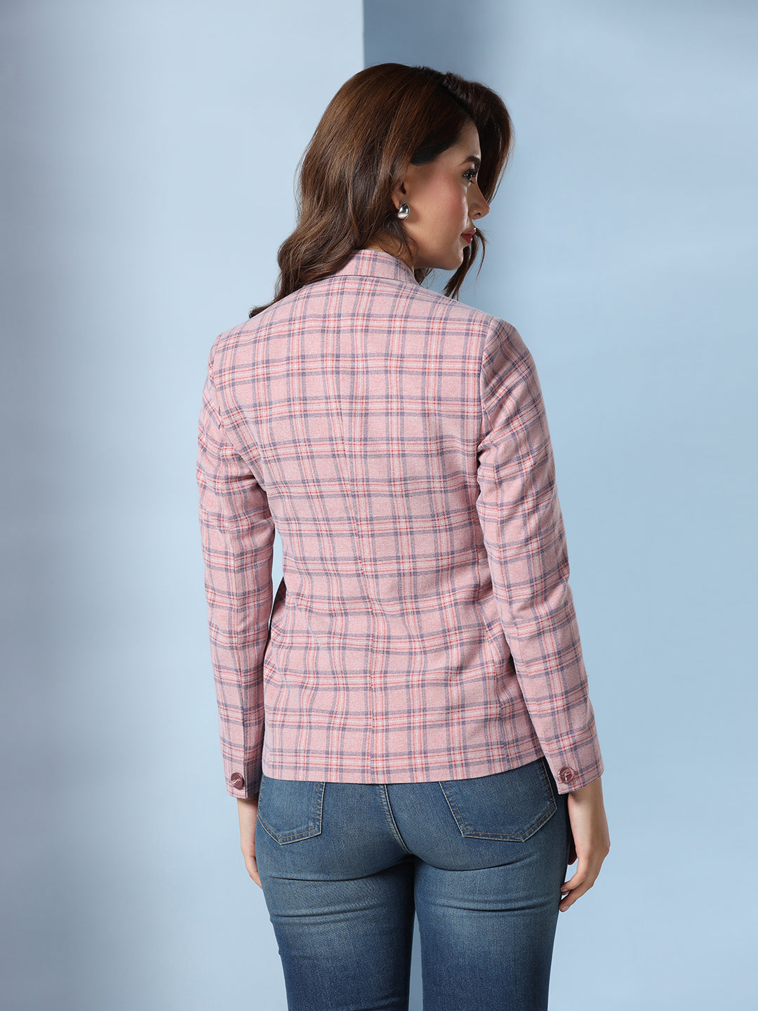 Women Pink Check Notched lapel Blazer