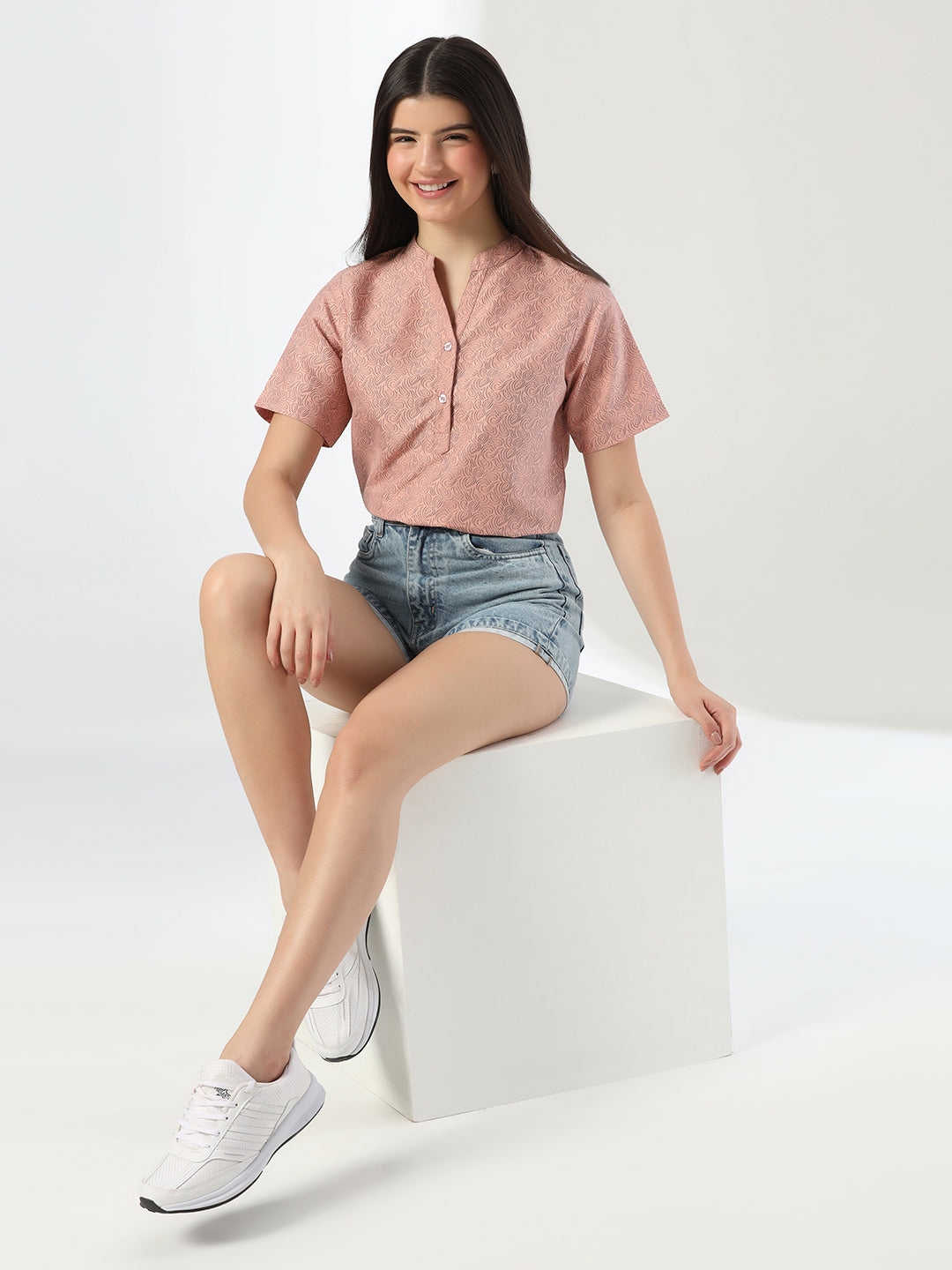Women Peach Printed Cotton Shirt - Tahvo India
