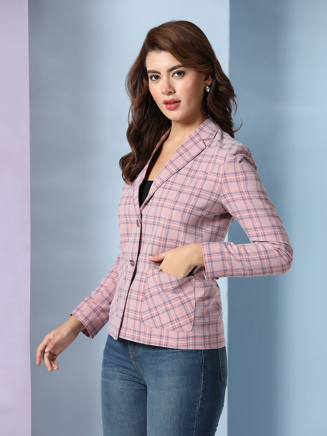Women Pink Check Notched lapel Blazer