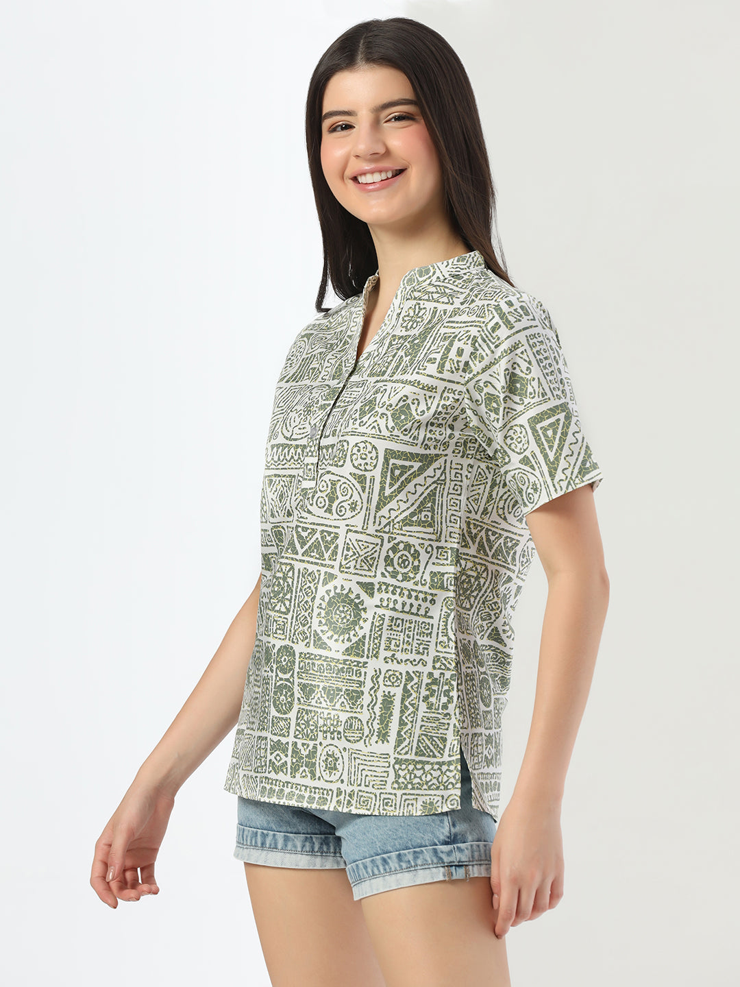 Women Green Printed Short Kurta Top - Tahvo India