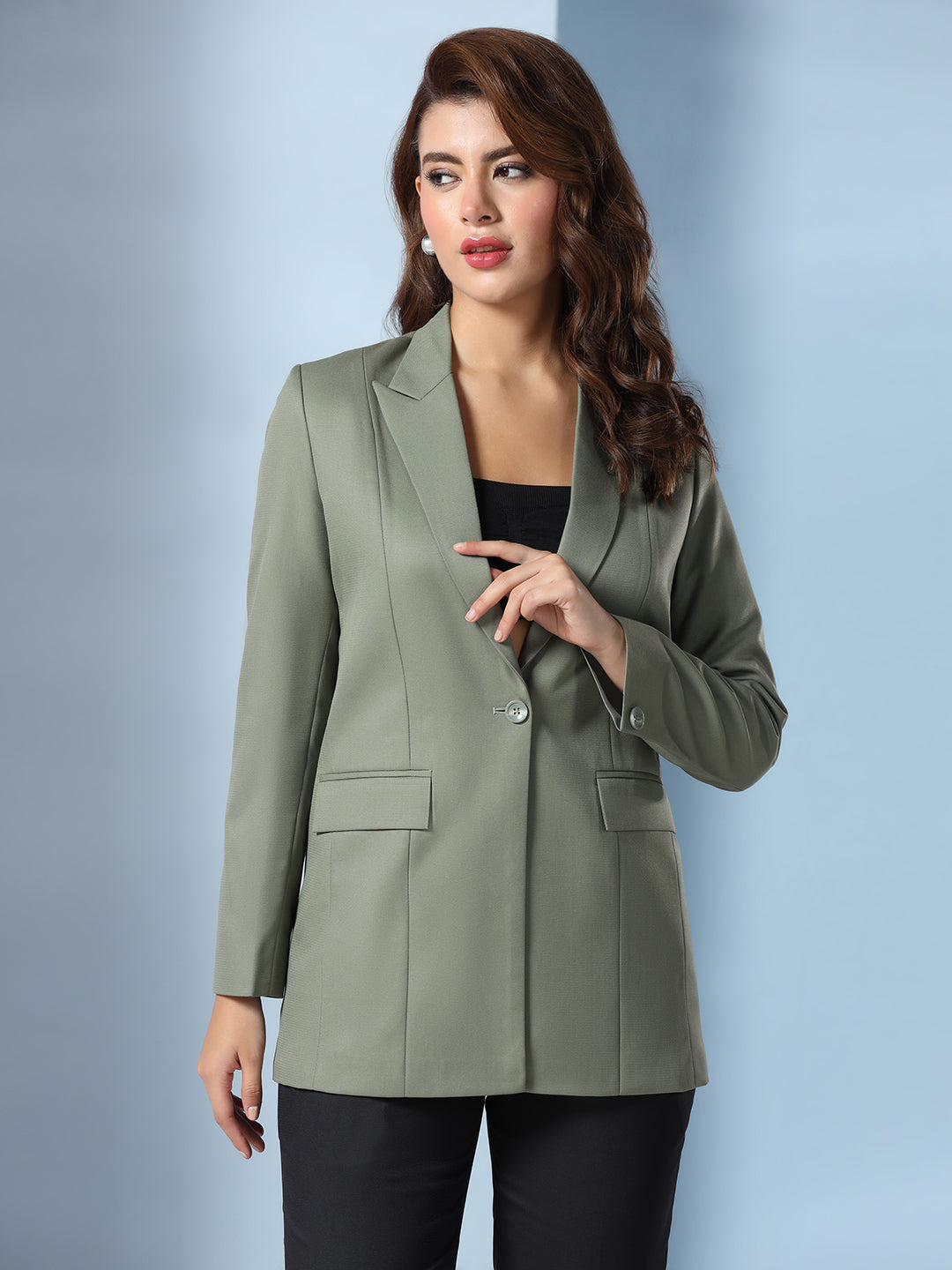 Women Light Green Long Blazer